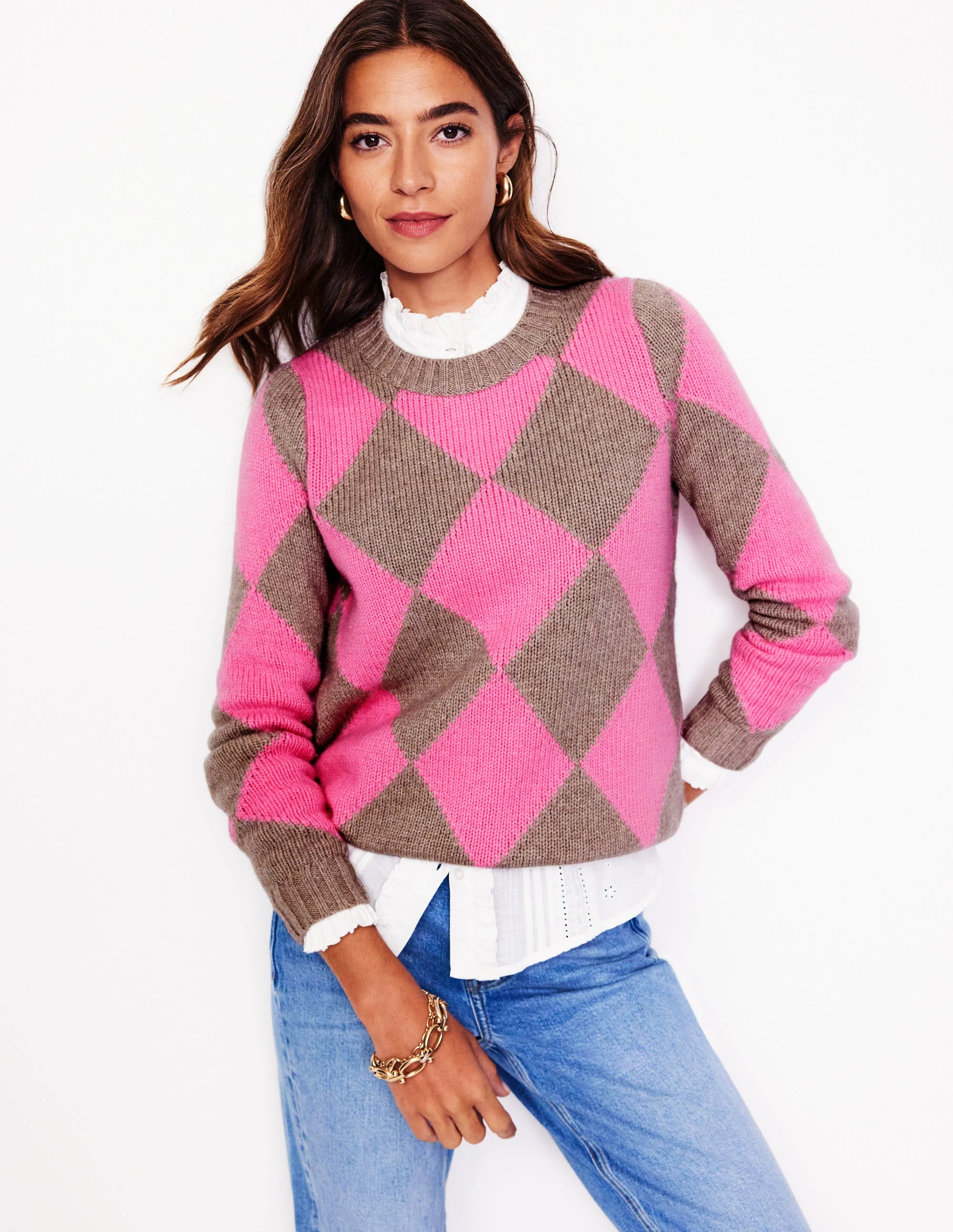 Argyle Crew Neck Sweater-Mink Melange, Pink - Image 4