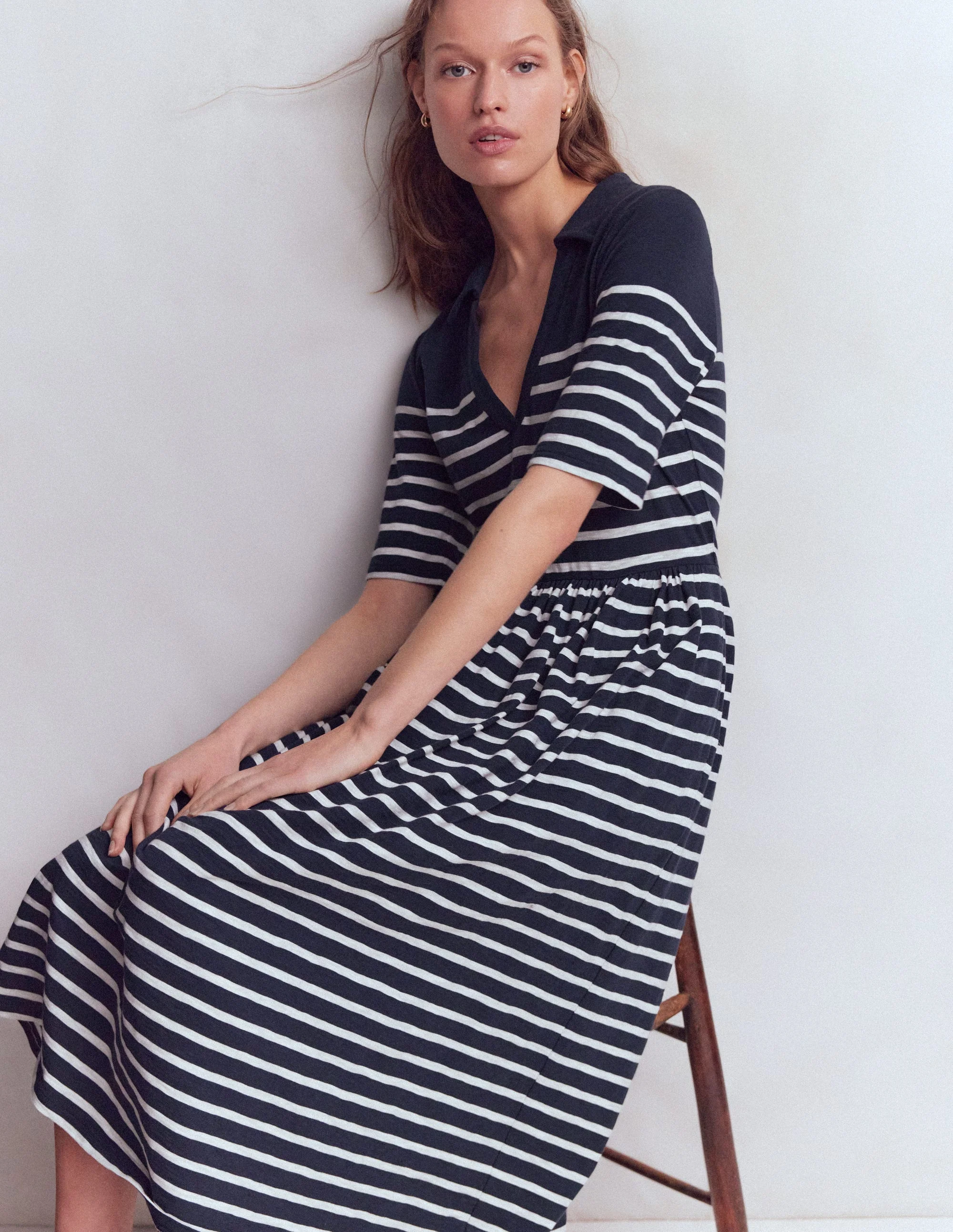 Aria Collared Jersey Dress-Navy, Ivory Stripe