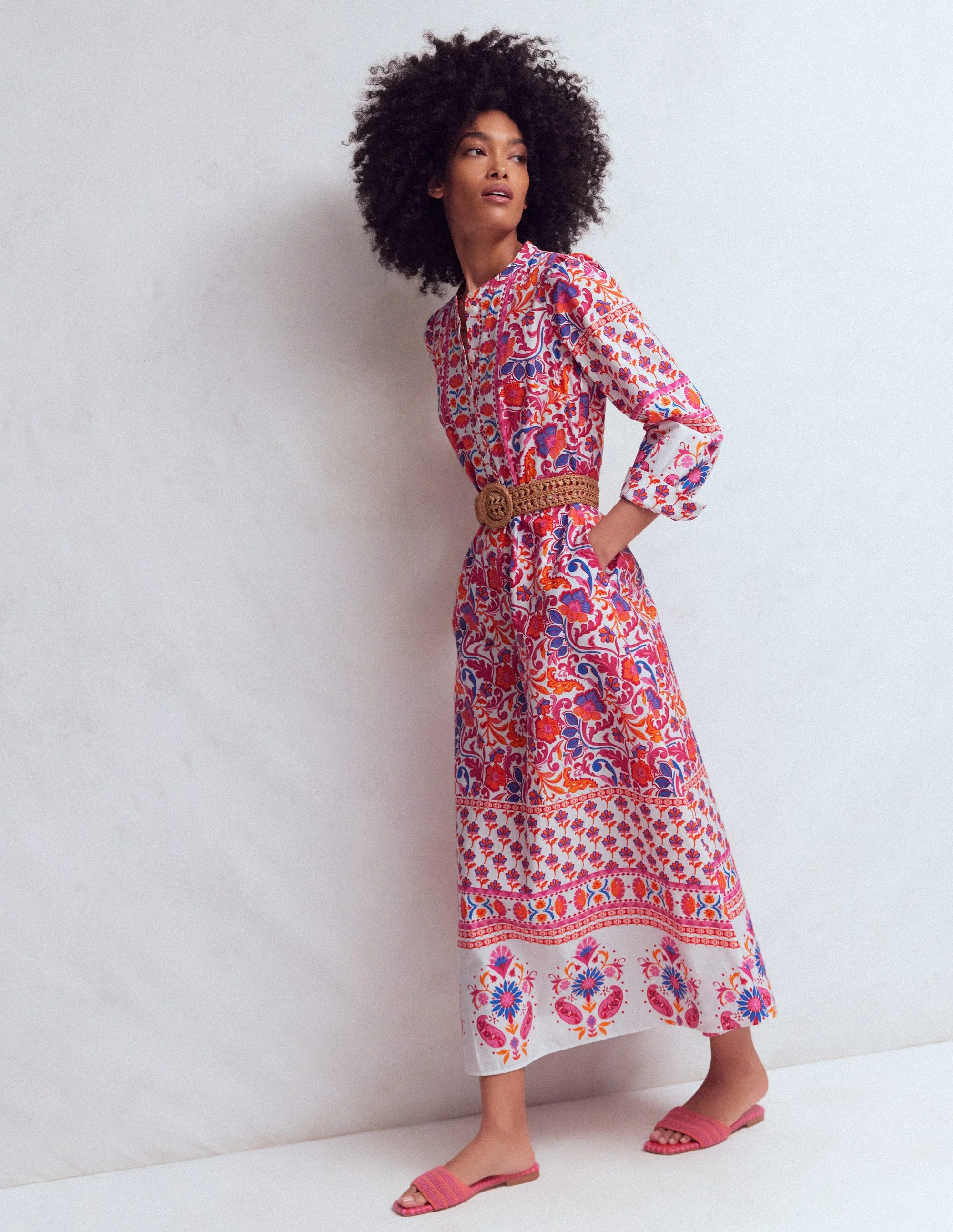 Ava Cotton Midi Dress-Pink Flourishing Meadow Border
