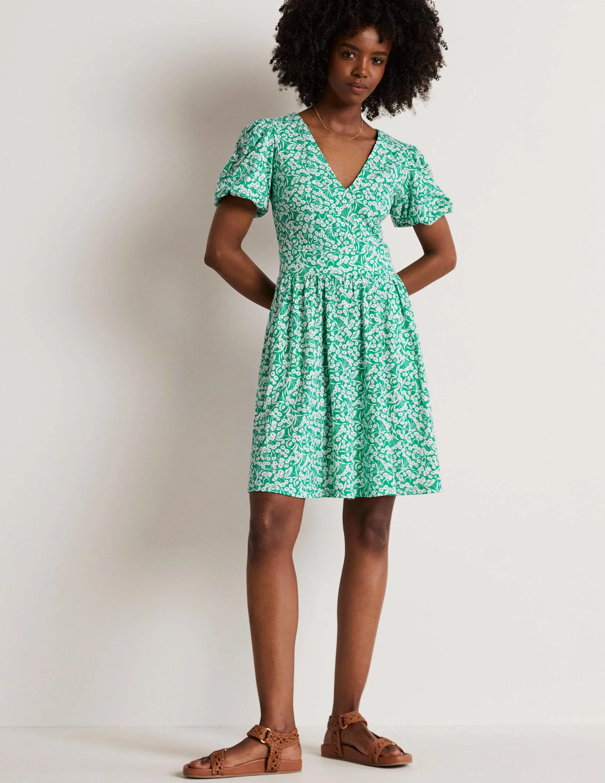 Back Detail Jersey Mini Dress-Emerald, Floret Bud - Image 6