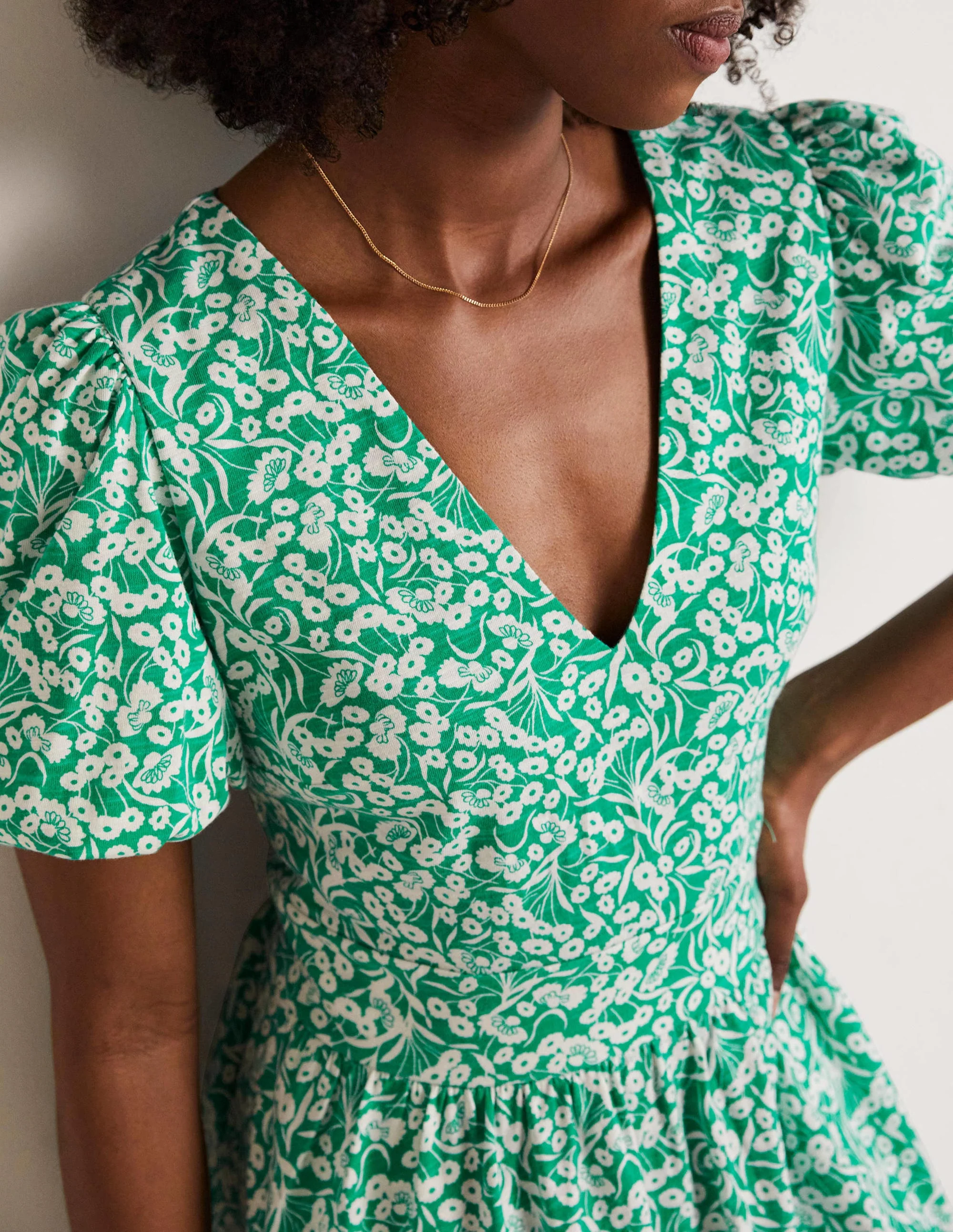 Back Detail Jersey Mini Dress-Emerald, Floret Bud - Image 7