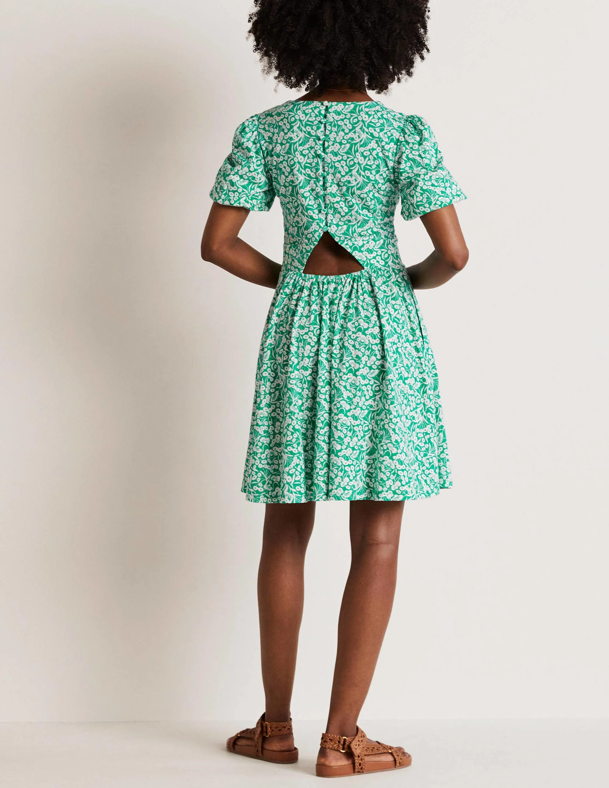Back Detail Jersey Mini Dress-Emerald, Floret Bud - Image 8