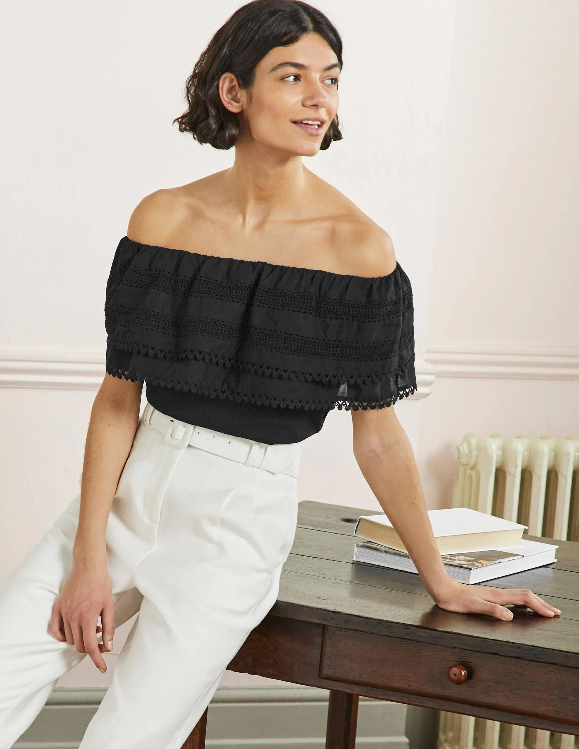 Bardot Woven Mix Detail Top-Black - Image 4