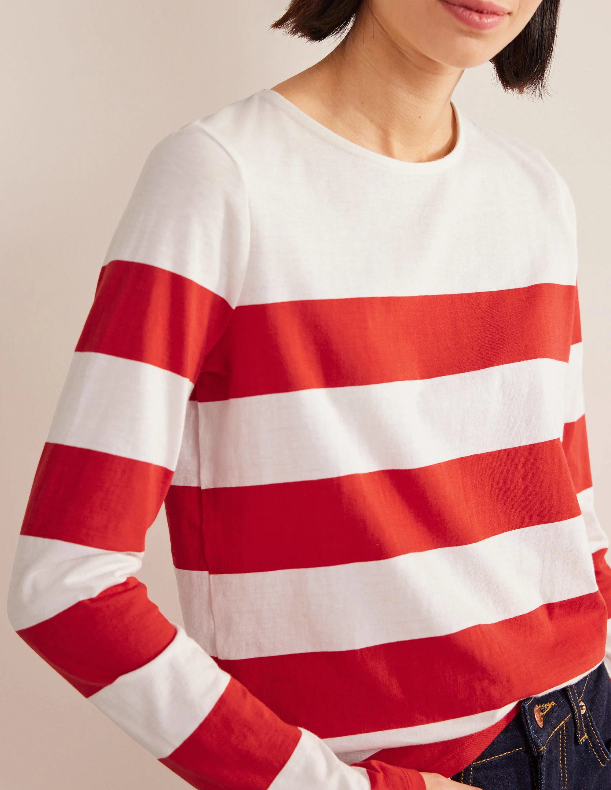 Bea Long Sleeve Breton-Red and Ivory, Wide Stripe - Image 2