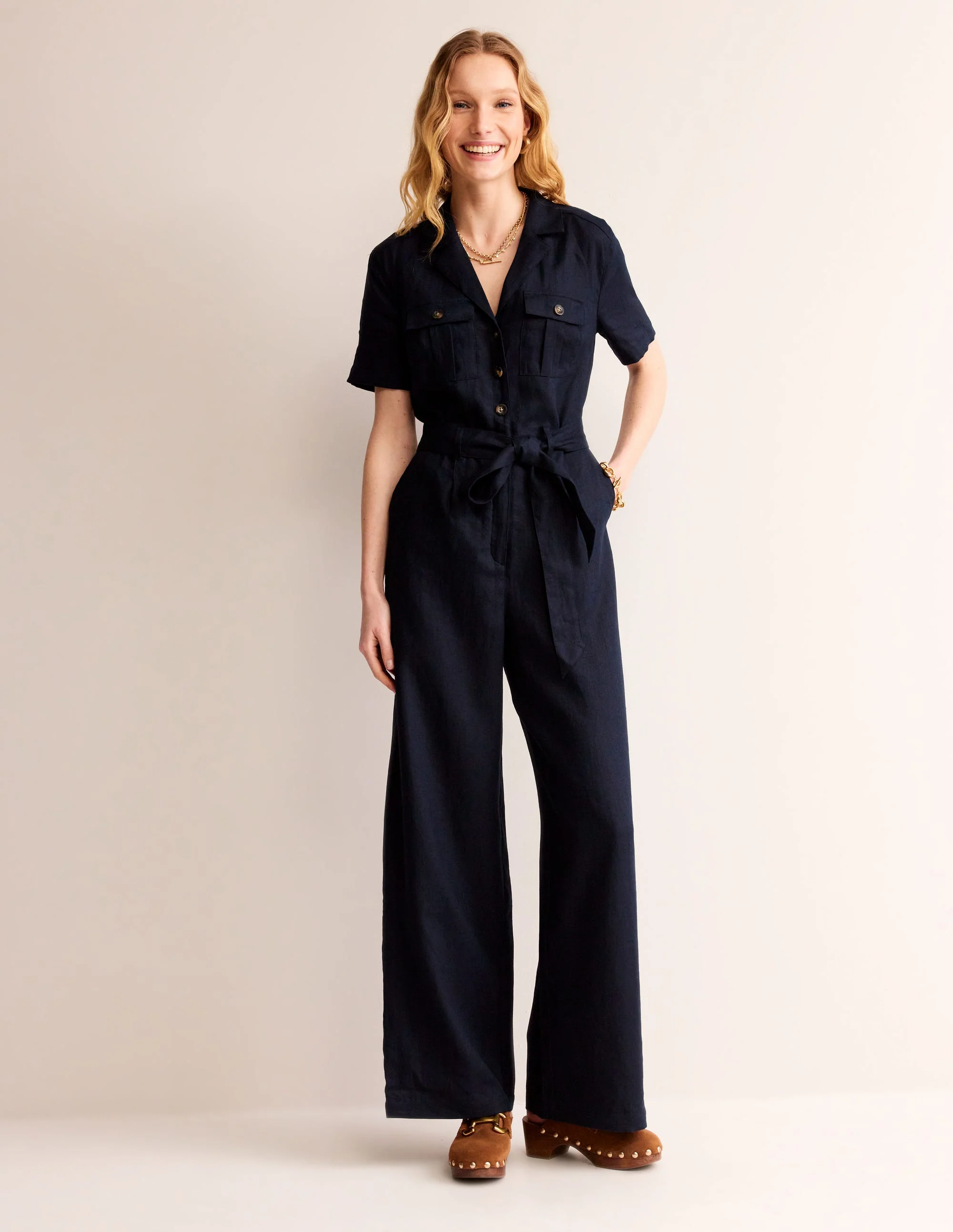 Belted Linen Jumpsuit-Navy - Image 2