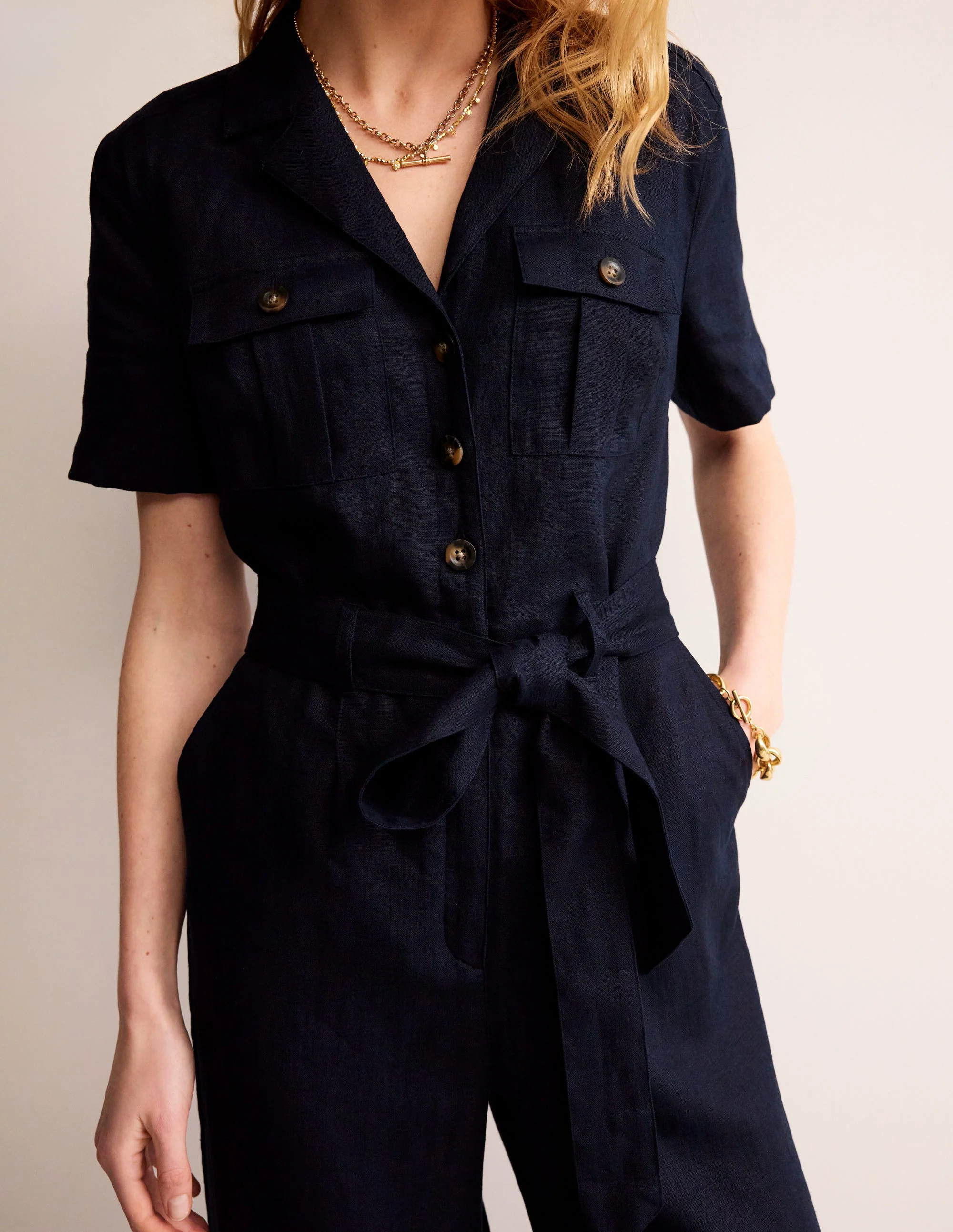 Belted Linen Jumpsuit-Navy - Image 3