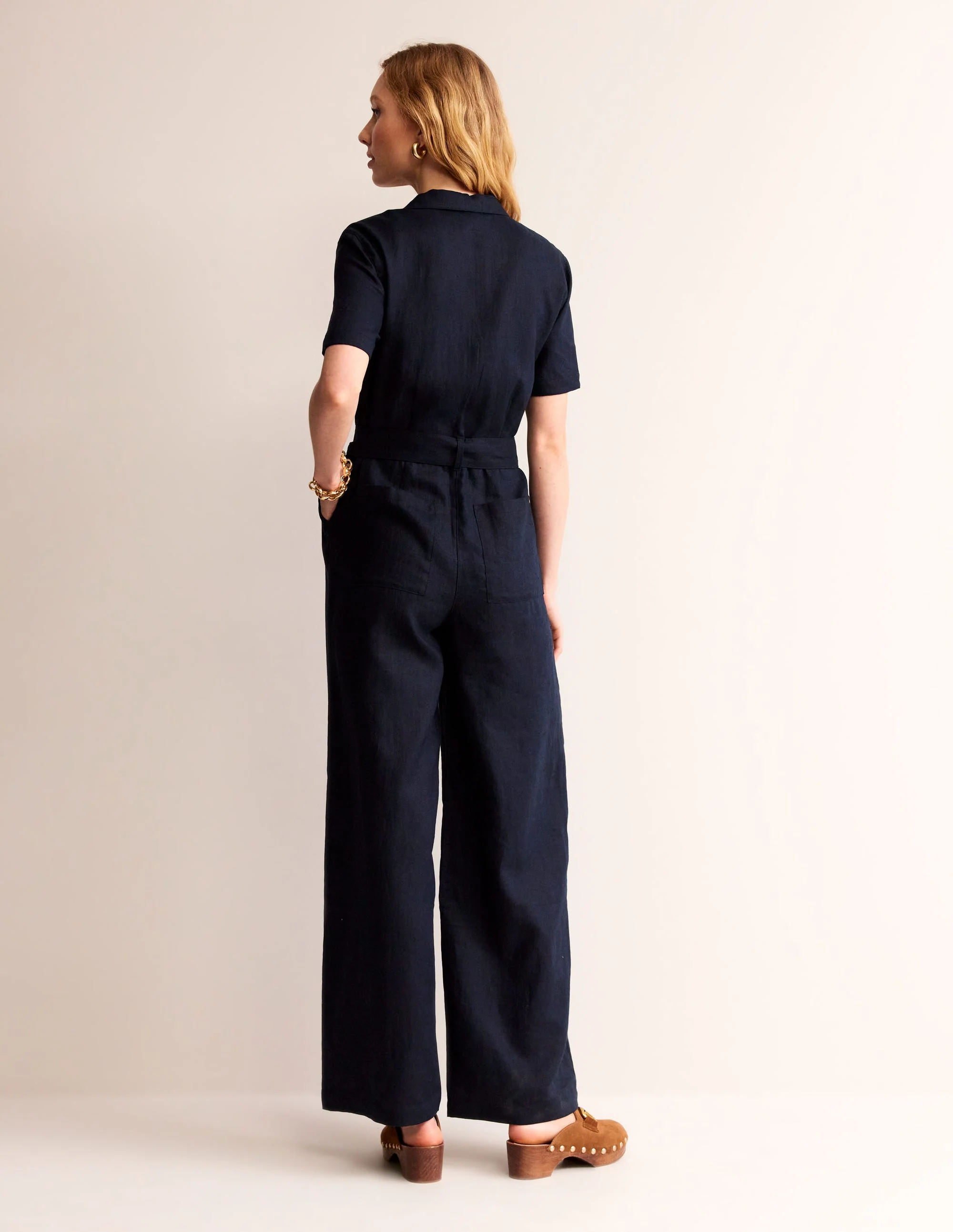 Belted Linen Jumpsuit-Navy - Image 4