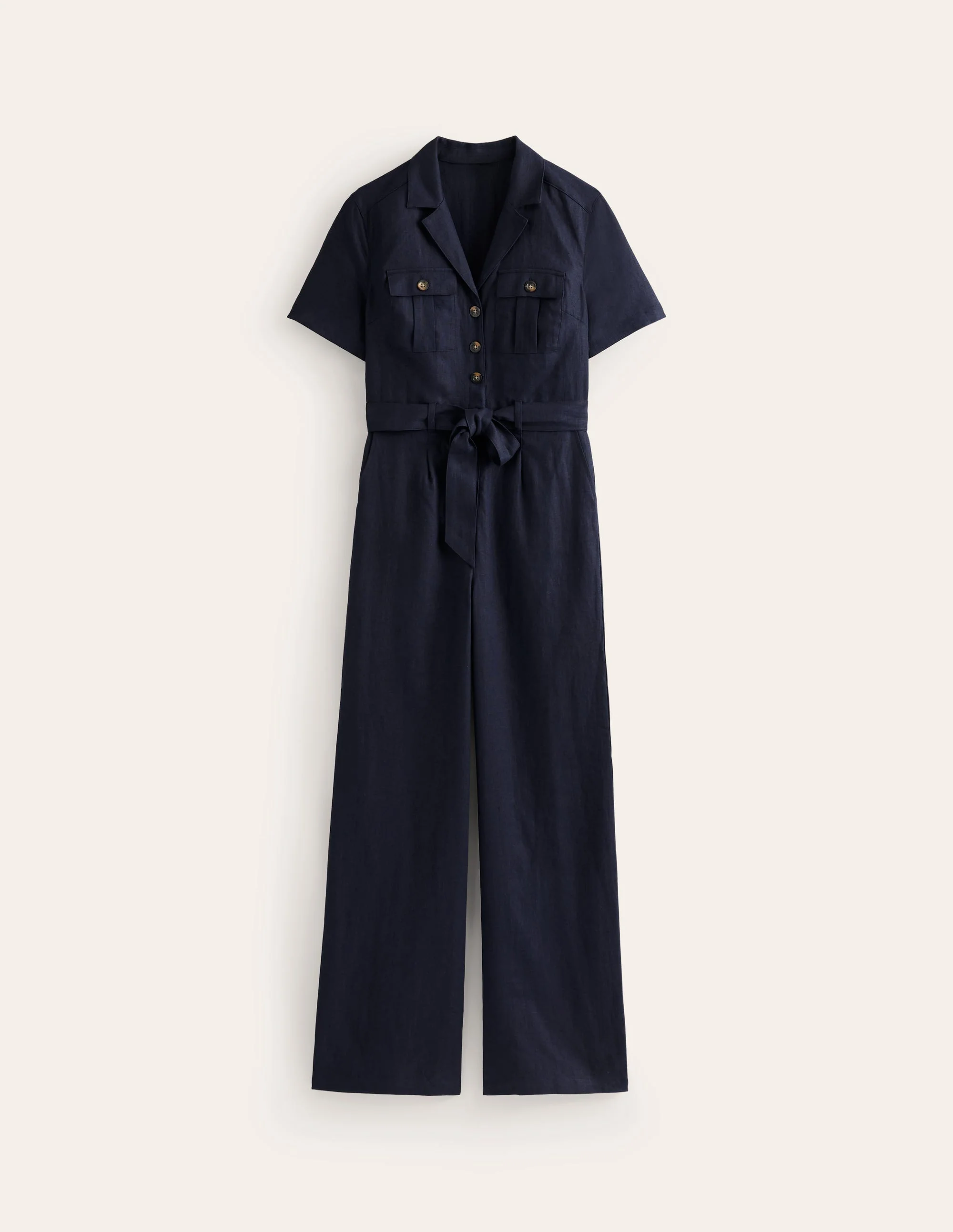 Belted Linen Jumpsuit-Navy - Image 5