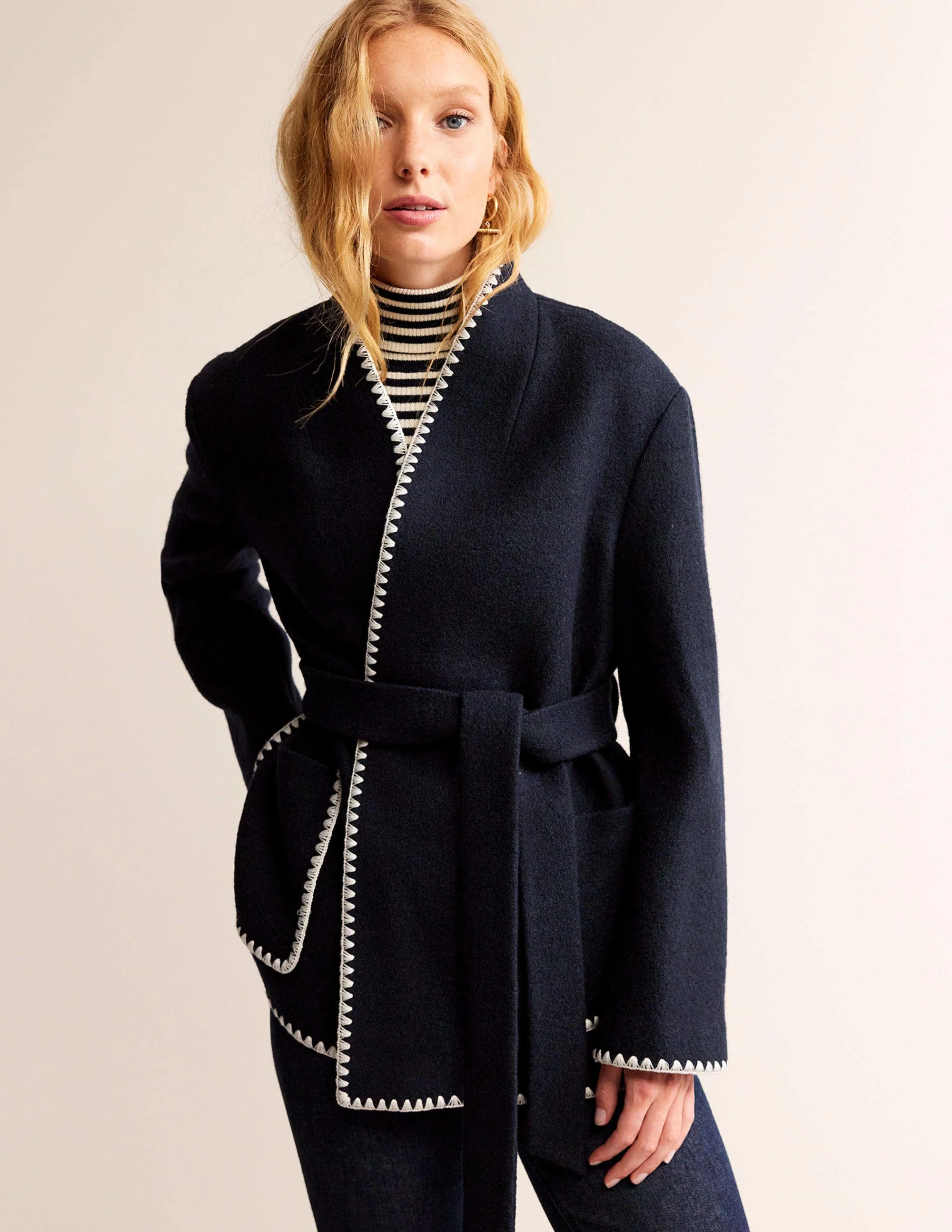 Belted Short Wrap Coat-Navy - Image 2