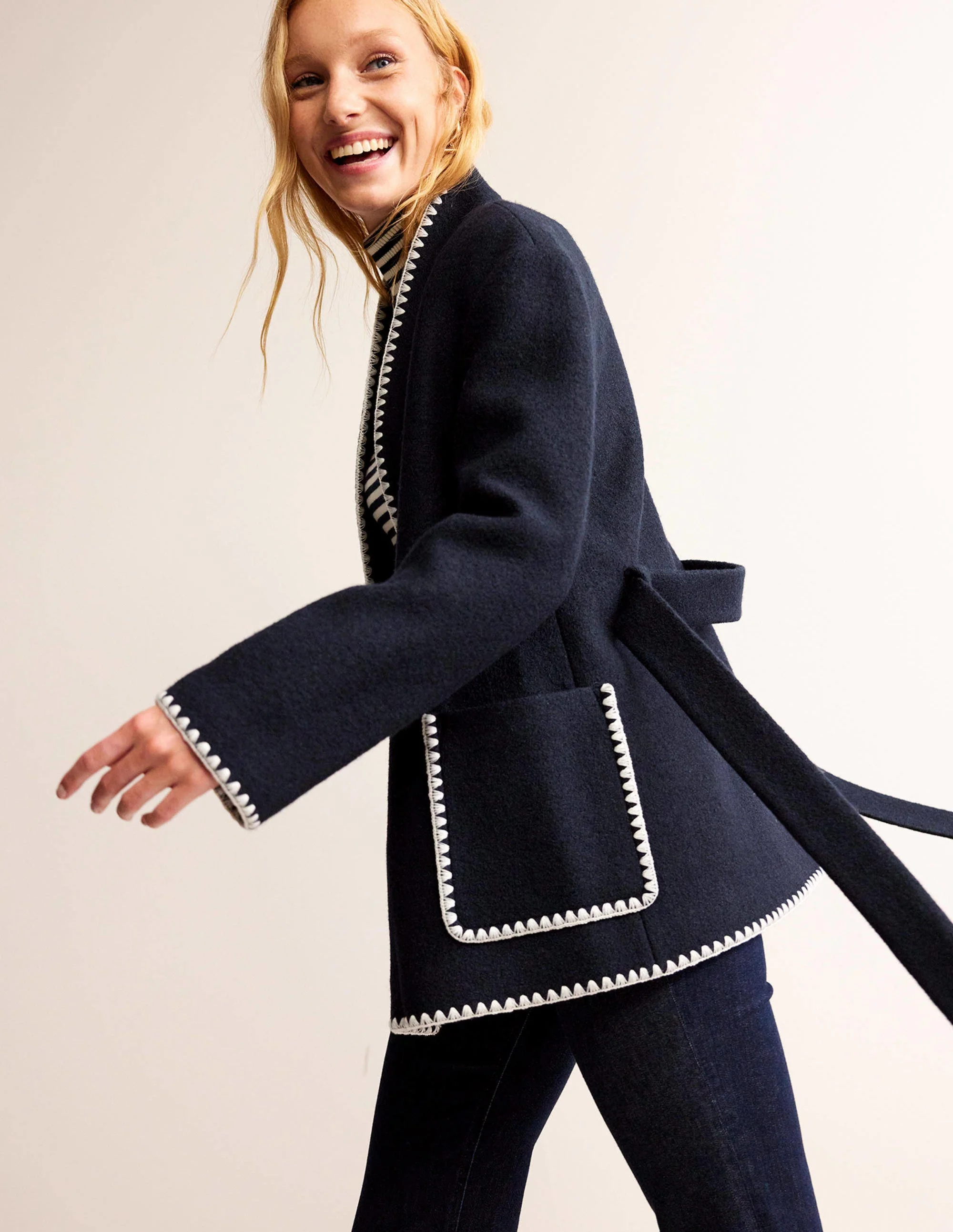 Belted Short Wrap Coat-Navy - Image 3