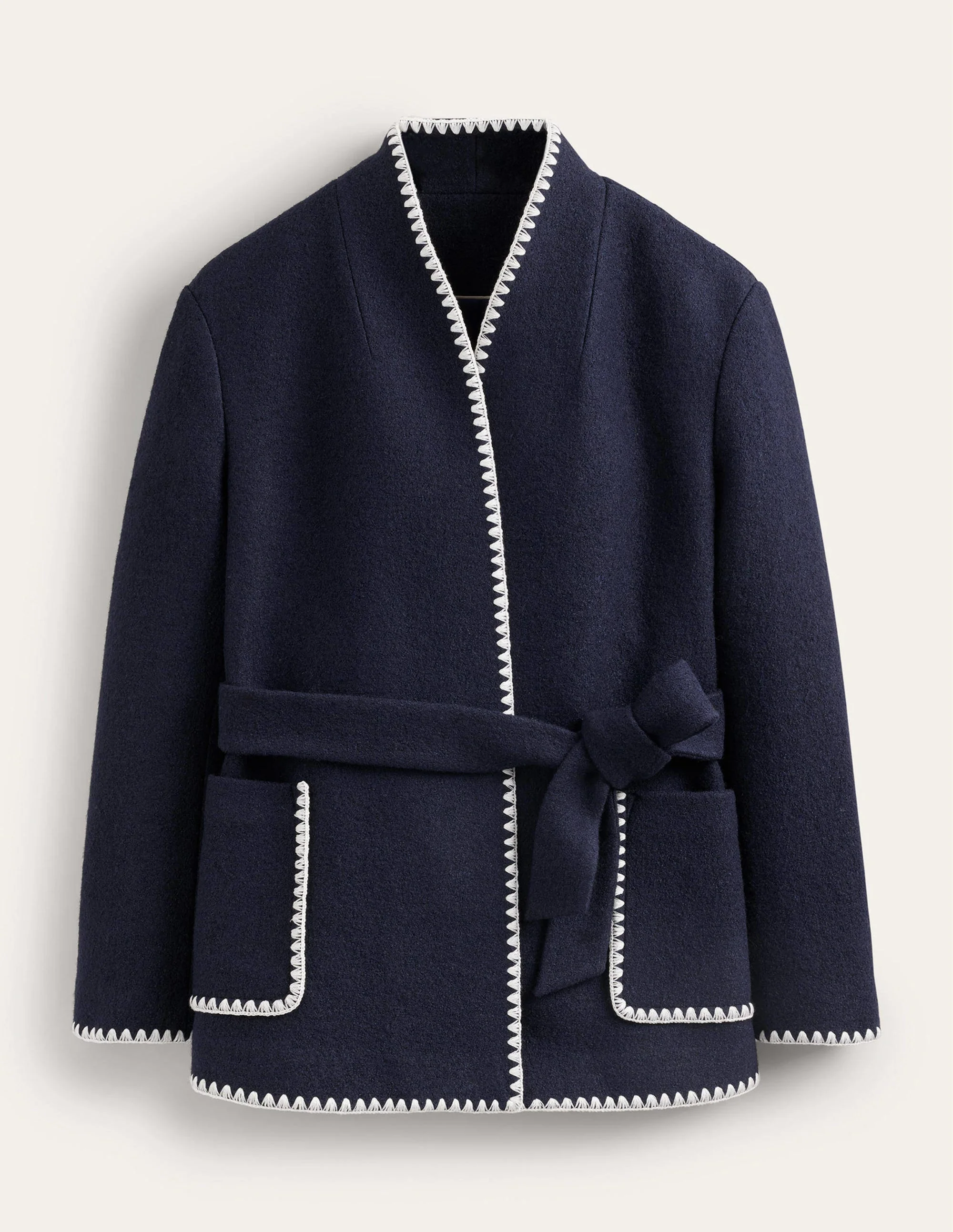 Belted Short Wrap Coat-Navy - Image 7
