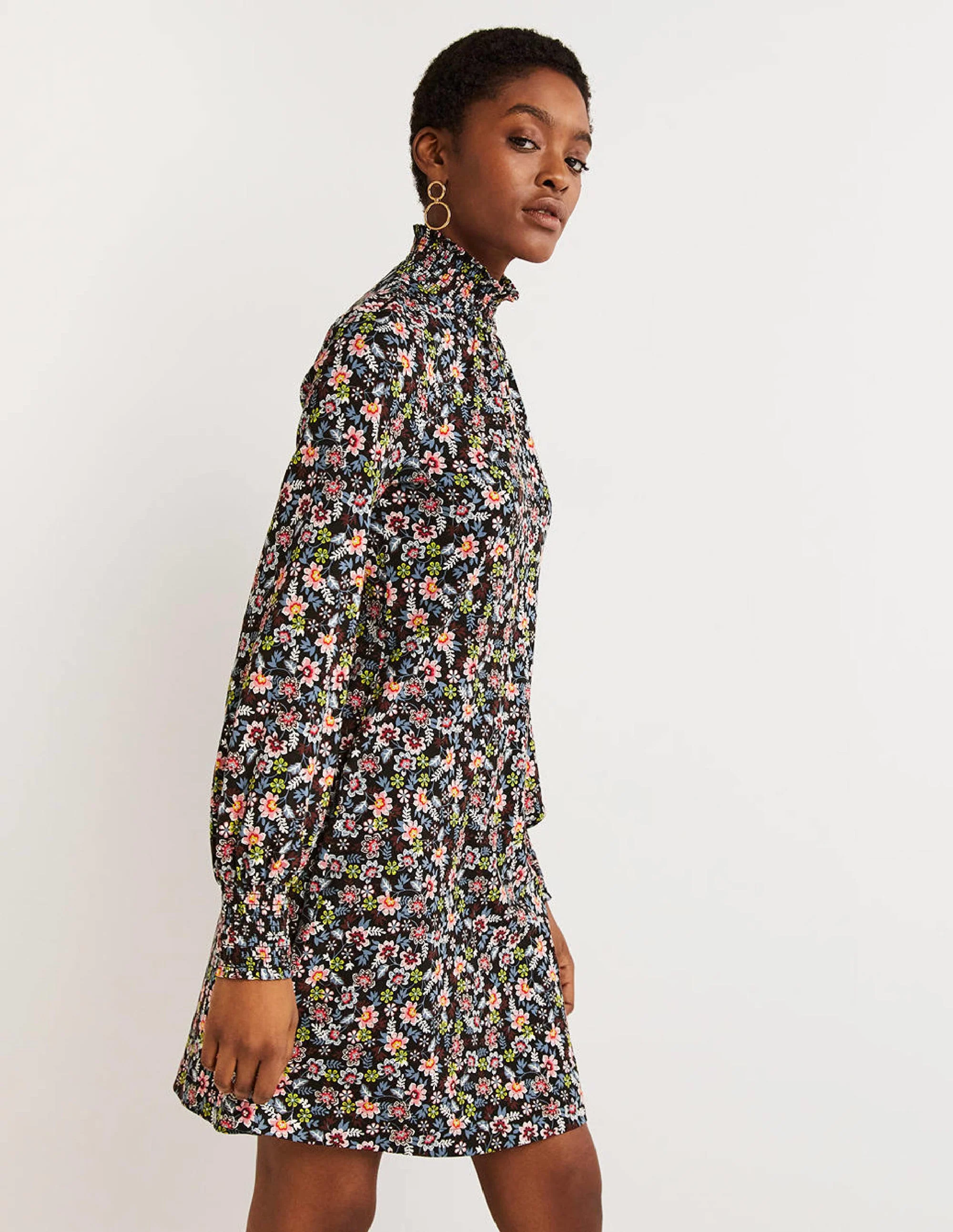 Black Floral High-Neck Shift Dress-Black, Opulent Leaf - Image 4