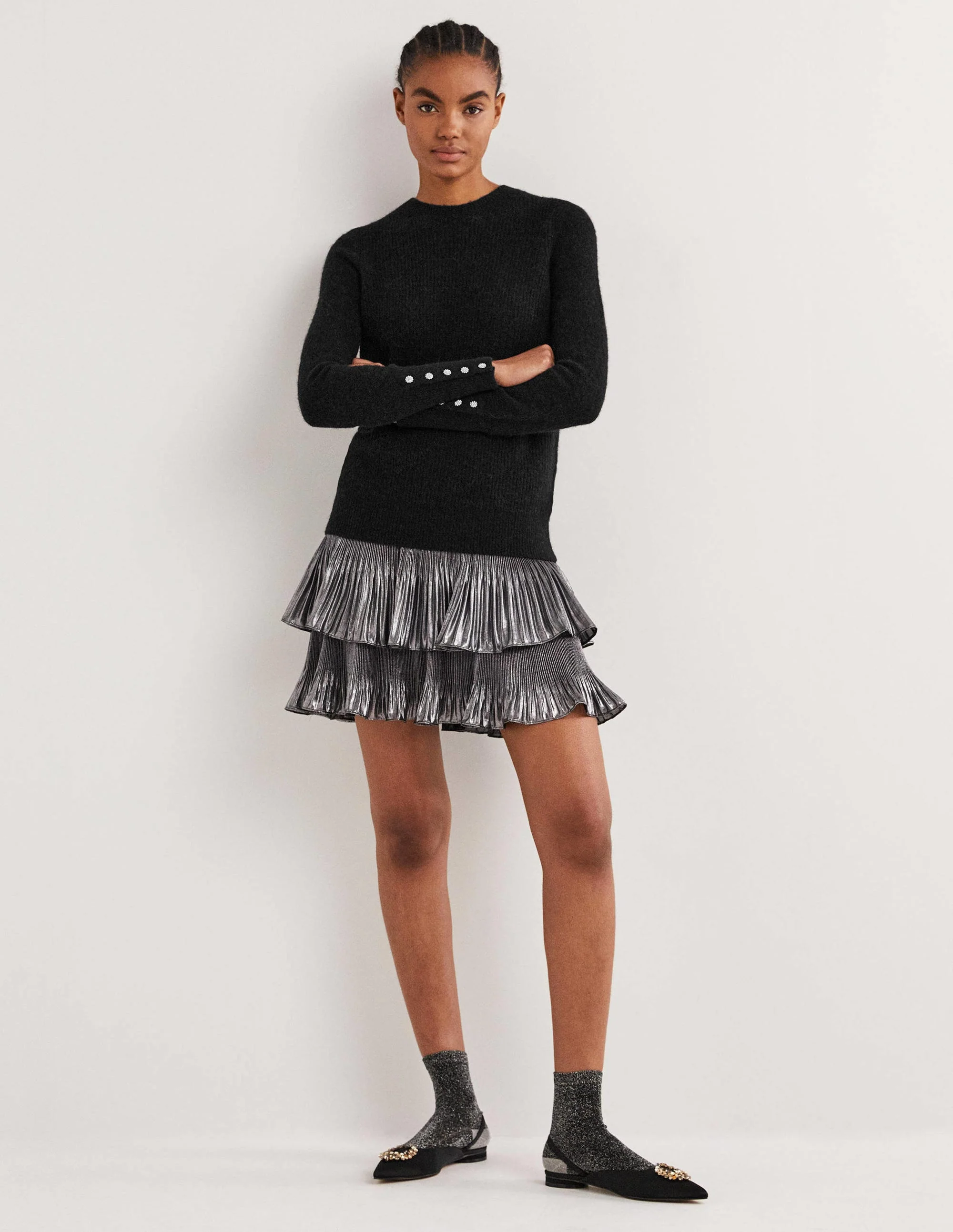 Black Jewel Button Fluffy Sweater-Black - Image 4