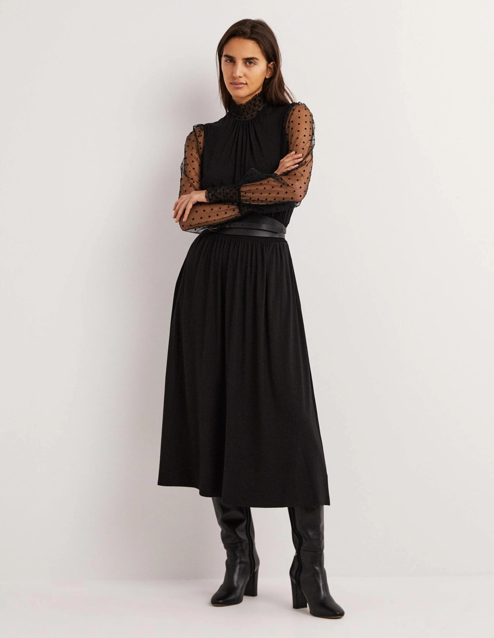 Black Tulle Sleeve Midi Party Dress-Black