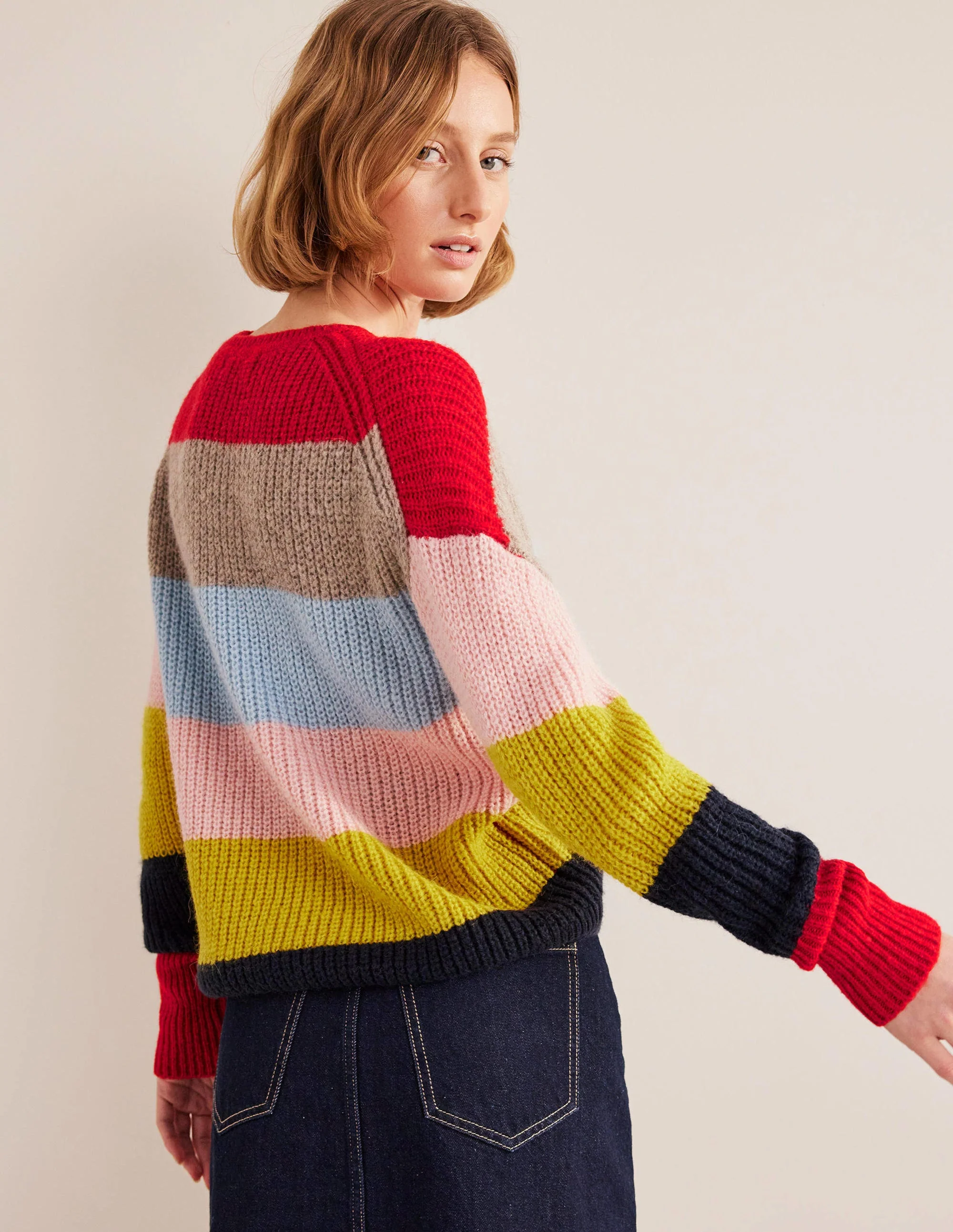 Blouson Cuff Fluffy Sweater-Rainbow Multi Stripe - Image 3