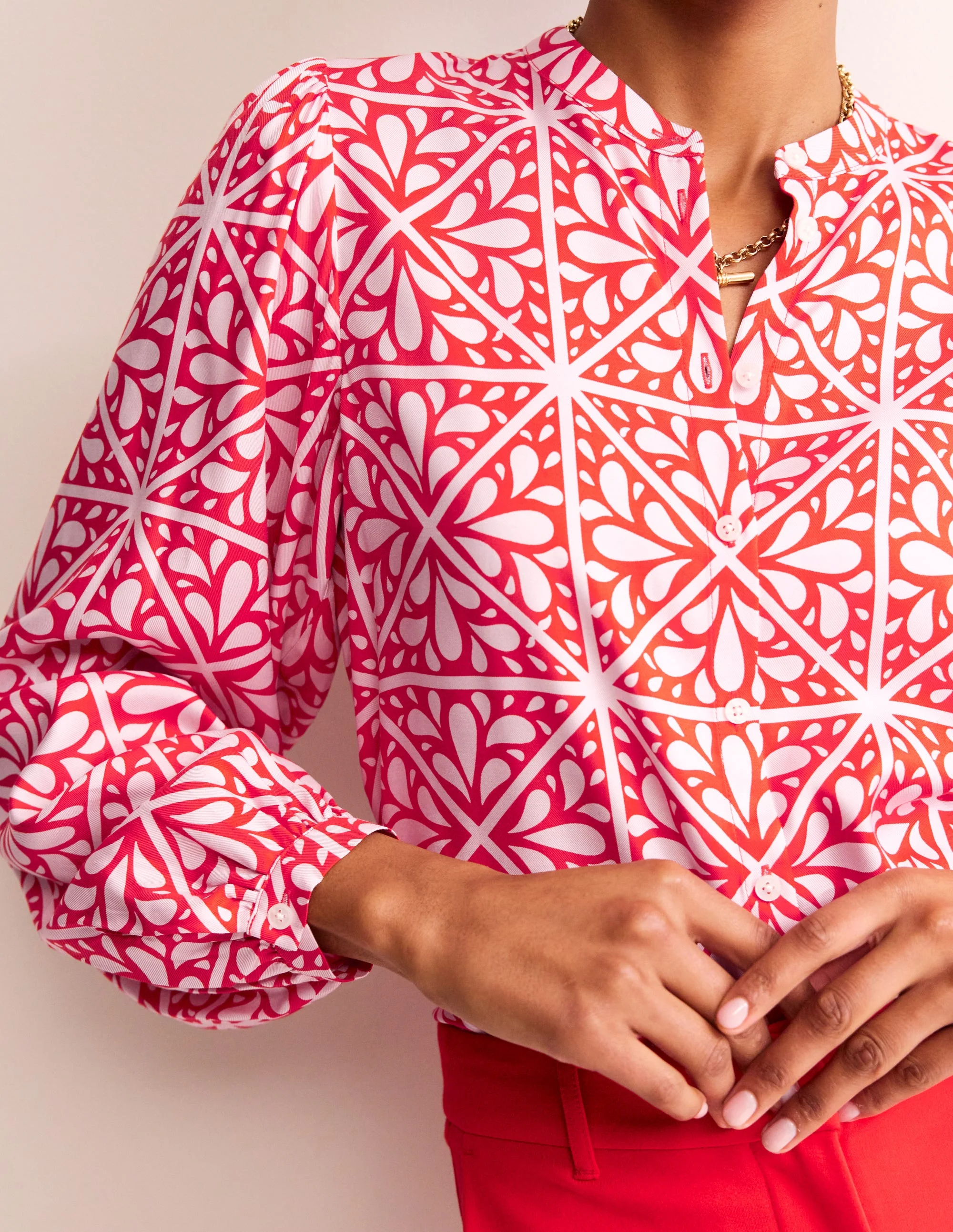 Blouson Sleeve Blouse-Flame Scarlet, Floral Mosaic - Image 2