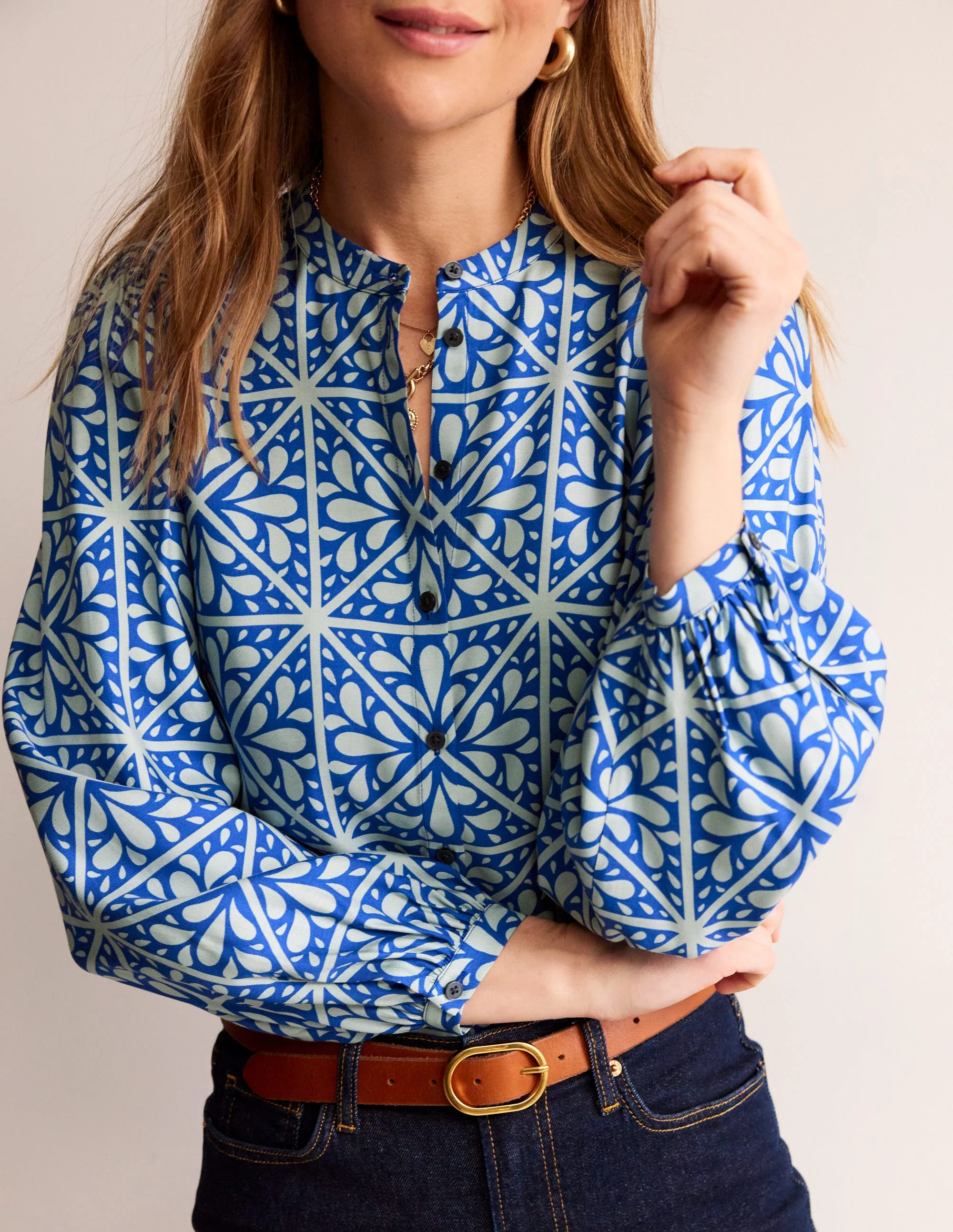 Blouson Sleeve Blouse-Surf The Web, Floral Mosaic - Image 2