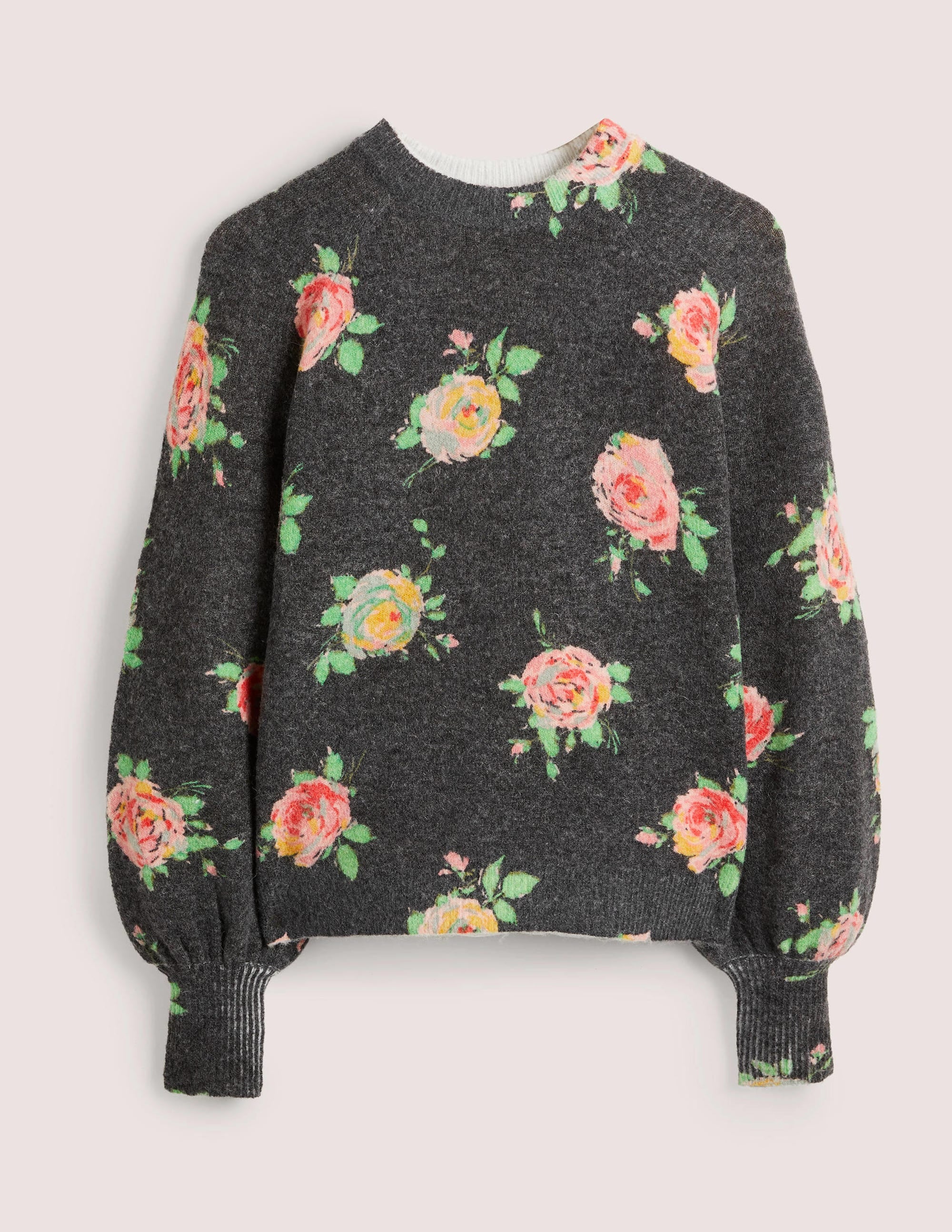 Blouson Sleeve Fluffy Sweater-Black, Painterly Rose - Image 7