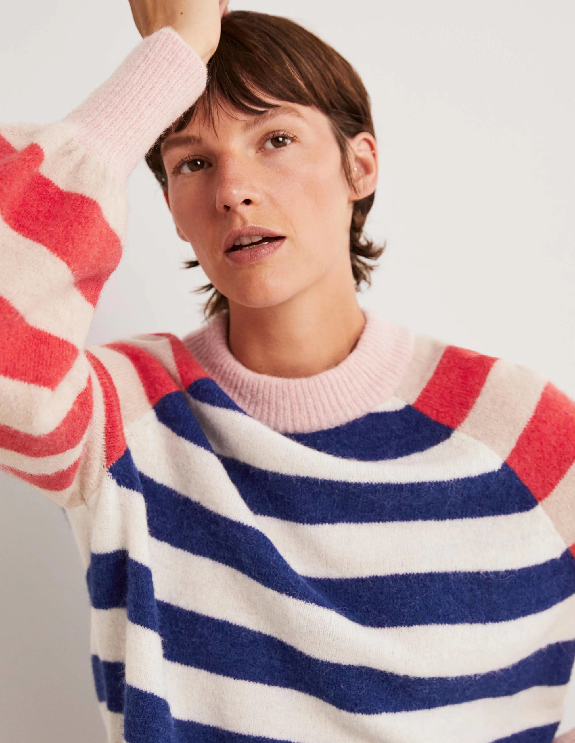 Blouson Sleeve Fluffy Sweater-Starboard, Ivory Mixed Stripe - Image 2
