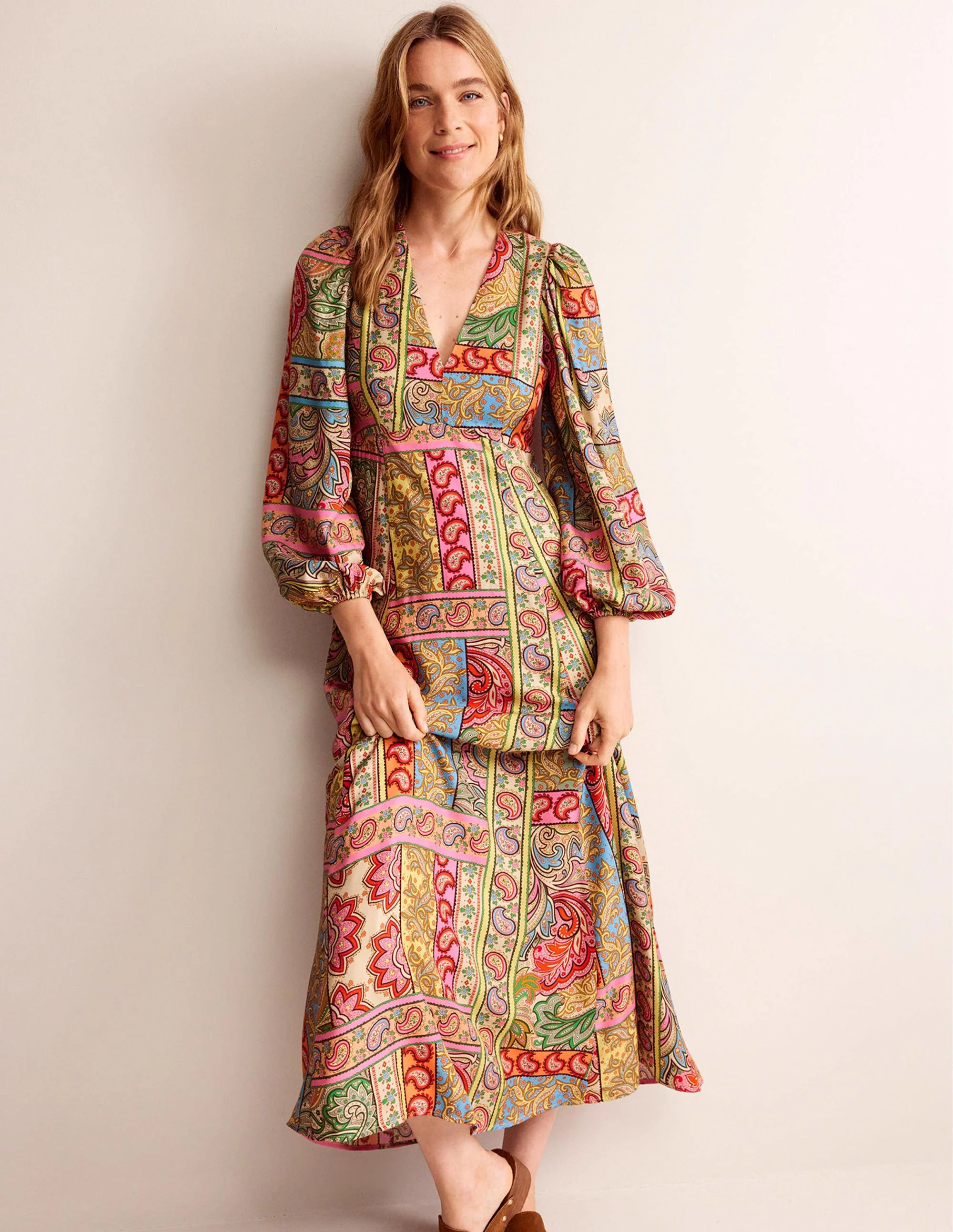 Blouson Sleeve Maxi Tea Dress-Multi, Patchwork - Image 4