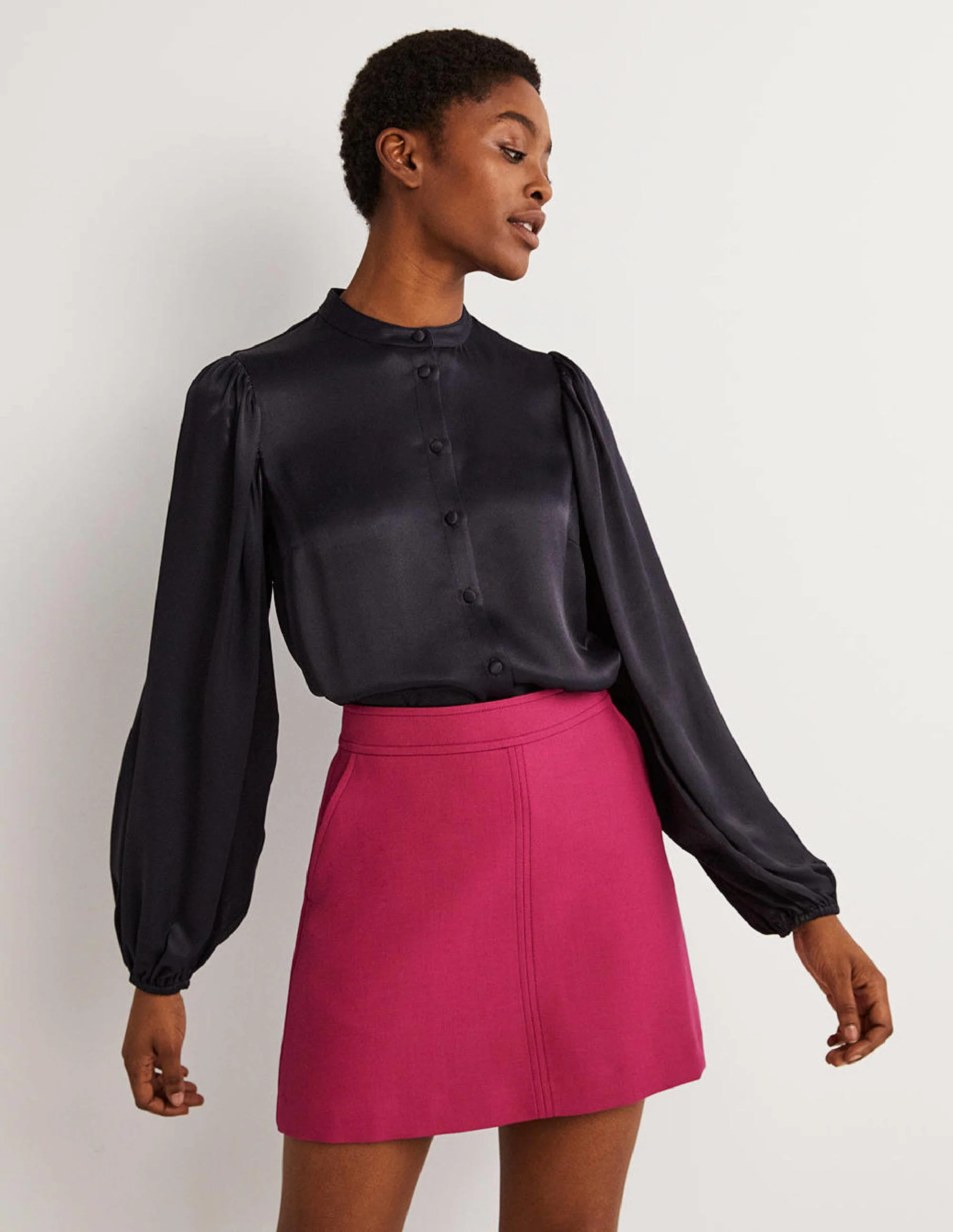 Blouson Sleeve Satin Shirt-Navy - Image 2