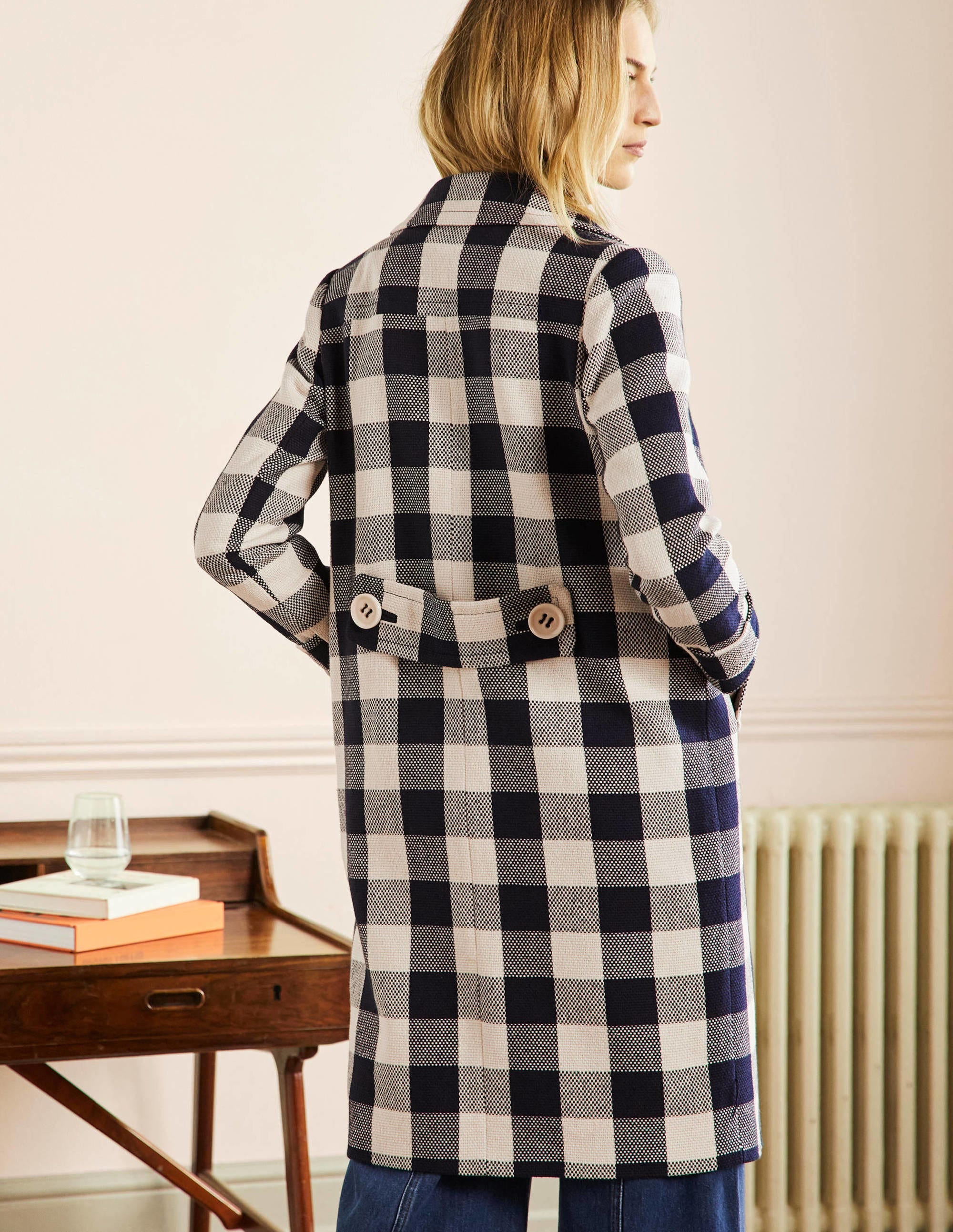 Bonnie Gingham Buttoned Coat-Ivory/Navy Gingham - Image 3