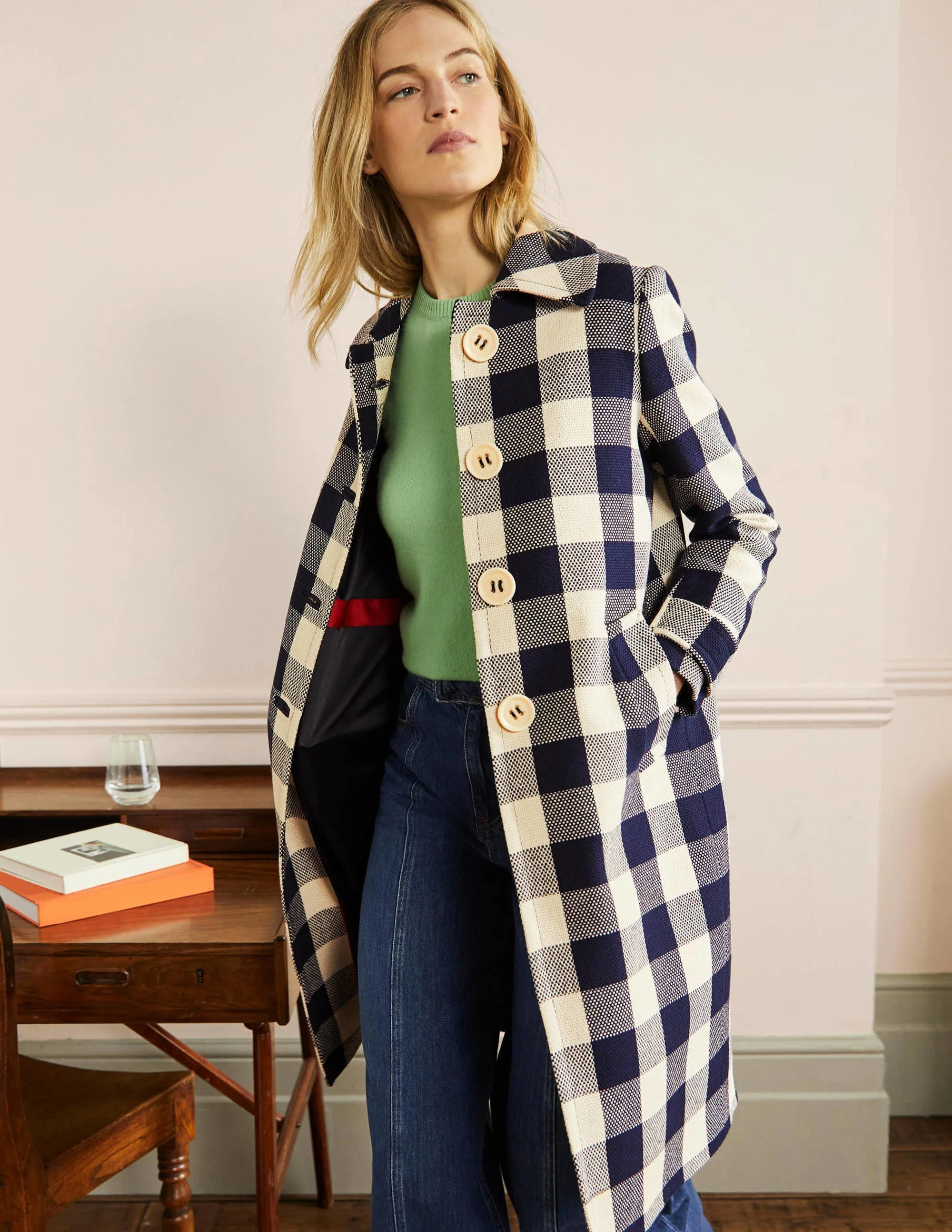 Bonnie Gingham Buttoned Coat-Ivory/Navy Gingham - Image 4
