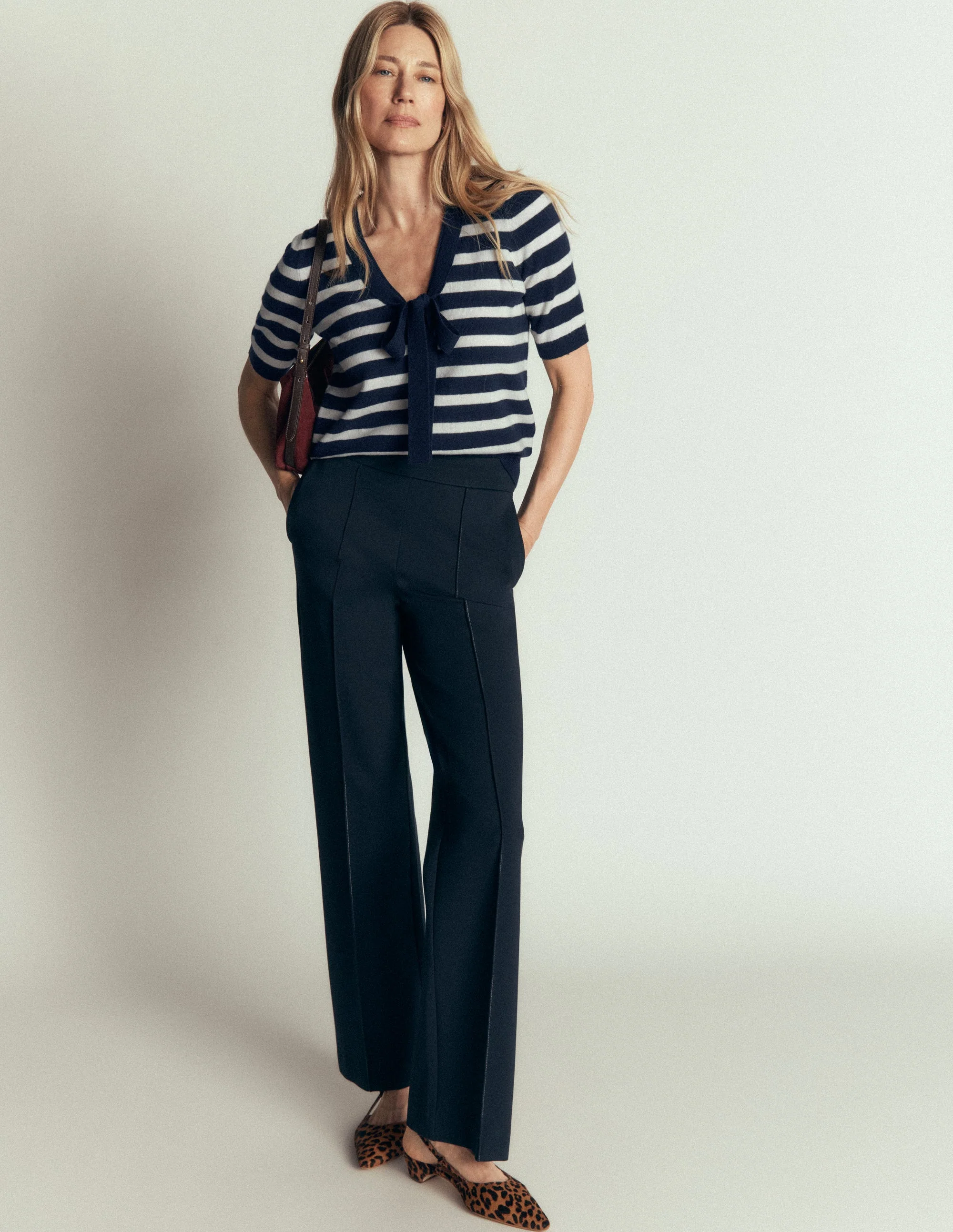 Bow Neck Knitted T-shirt-Navy, Ivory Stripe