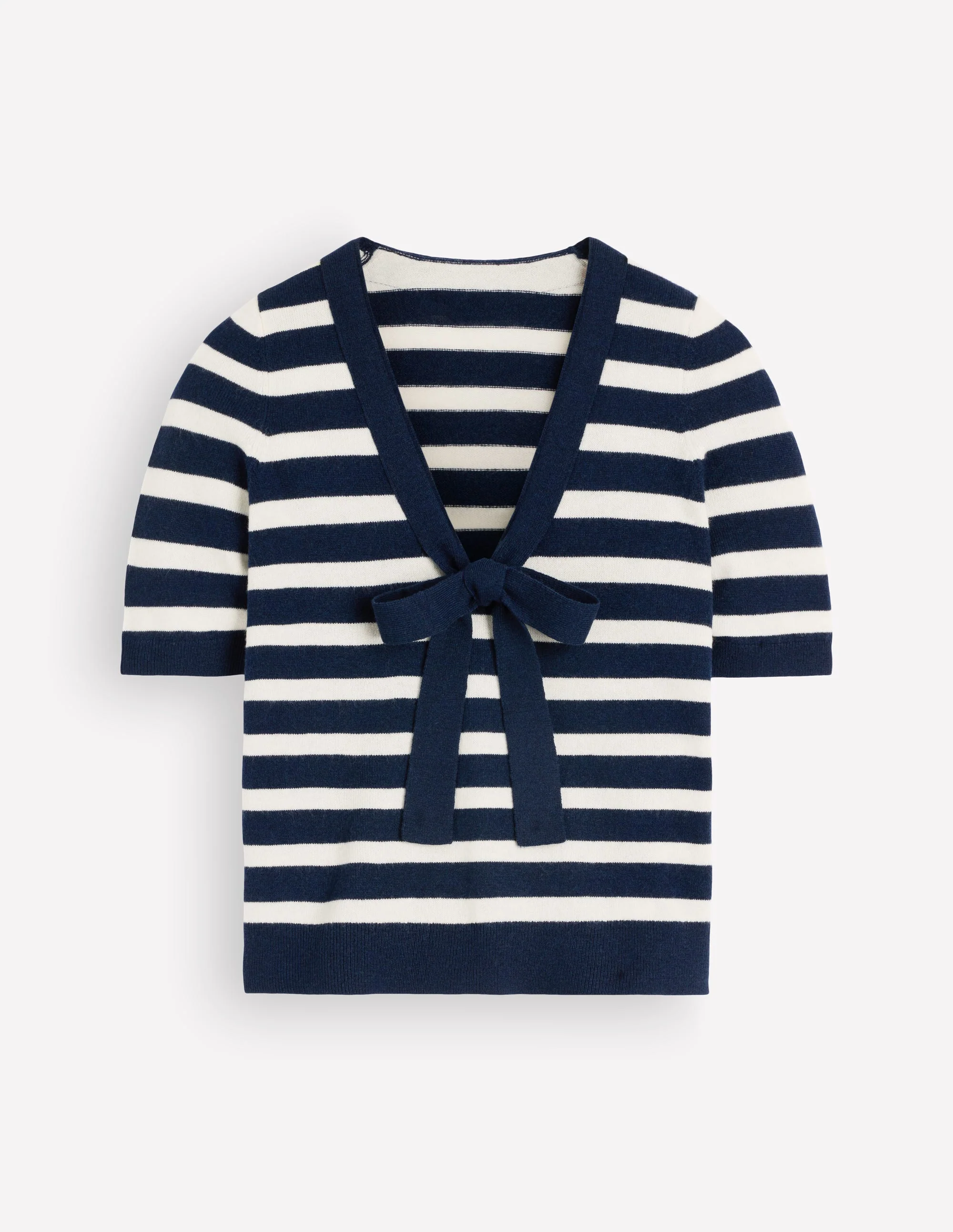 Bow Neck Knitted T-shirt-Navy, Ivory Stripe - Image 8