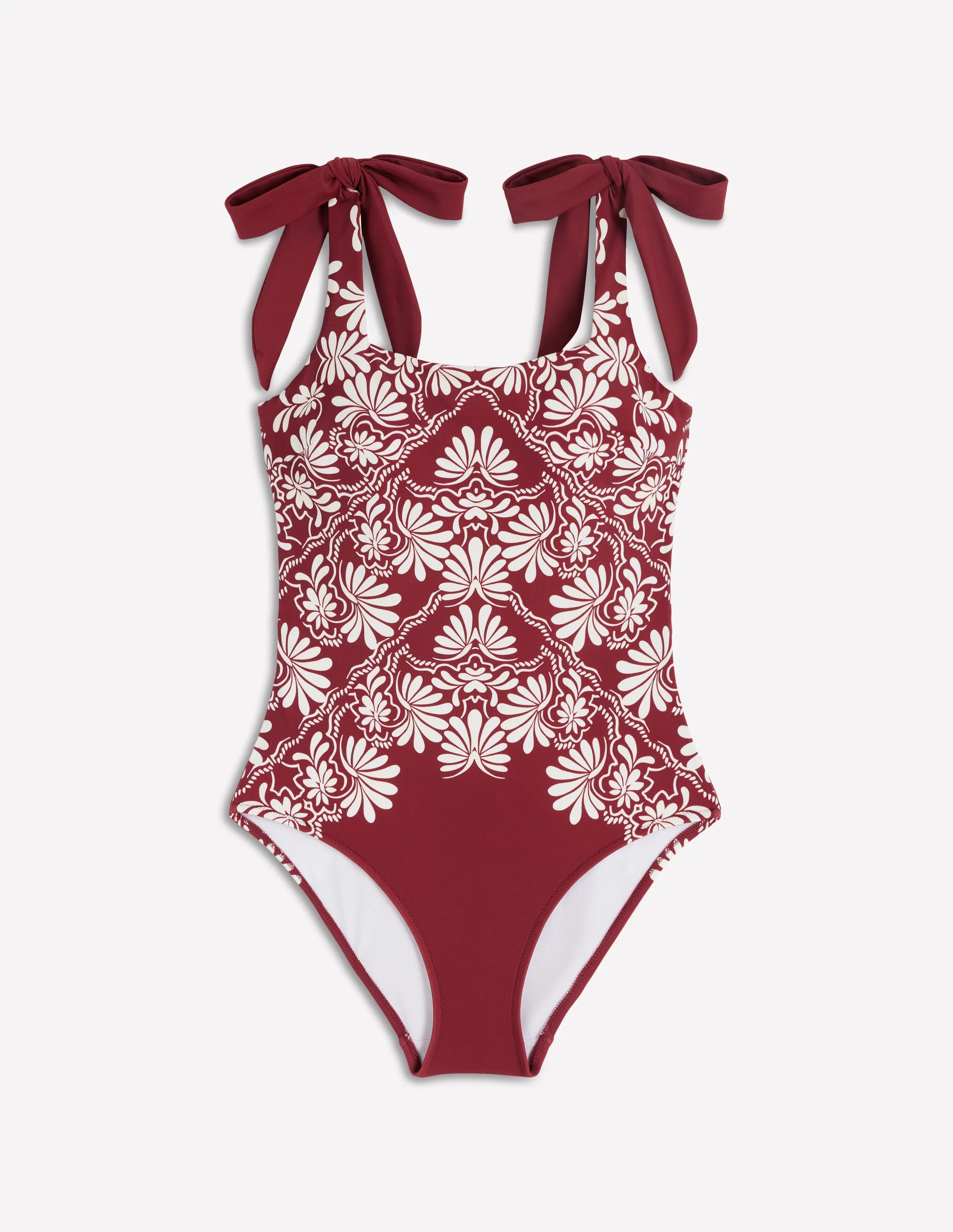 Bow Tie Shoulder Swimsuit-Maroon, Botanical Charm - Image 6