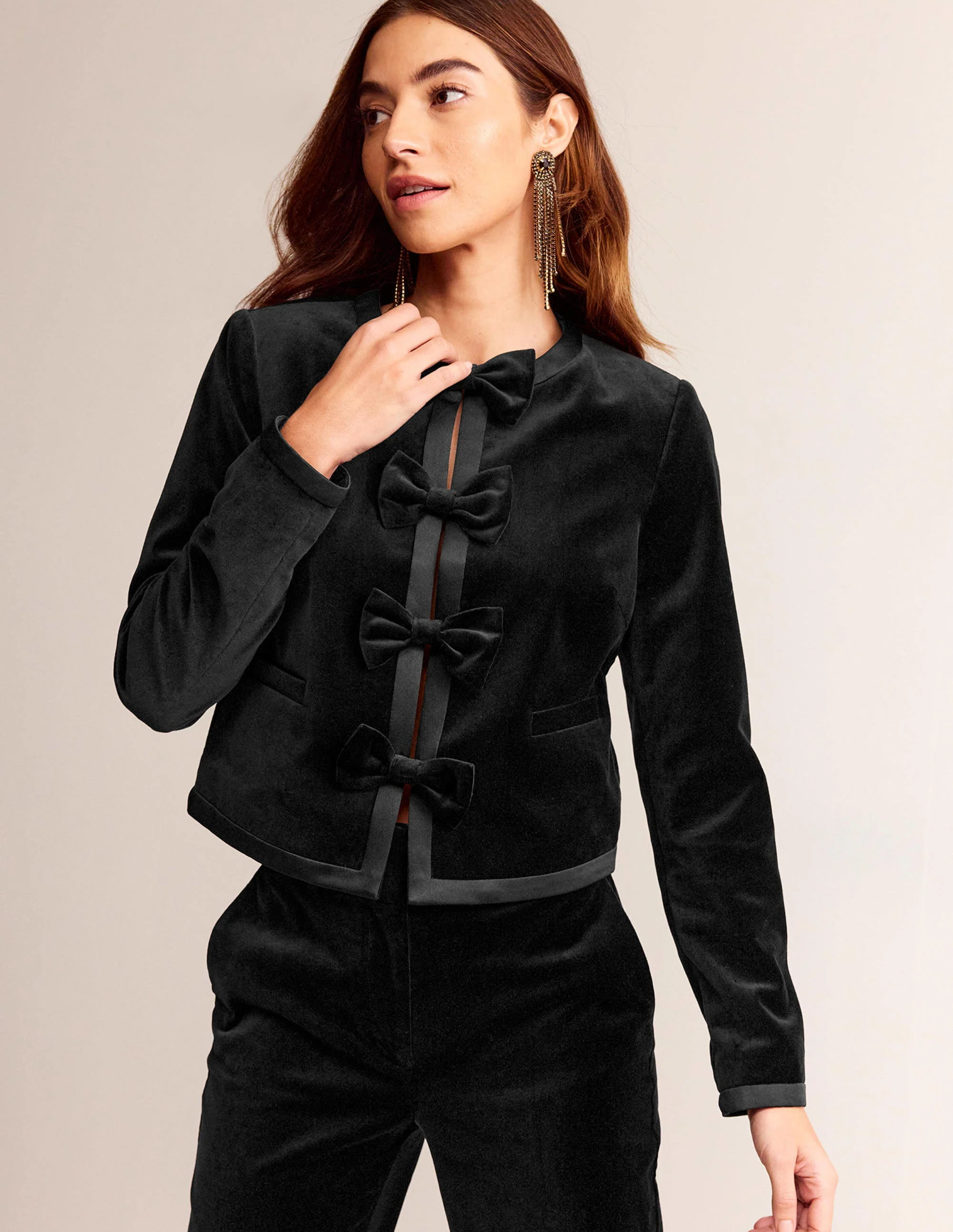 Bow-Trim Collarless Jacket-Black - Image 4
