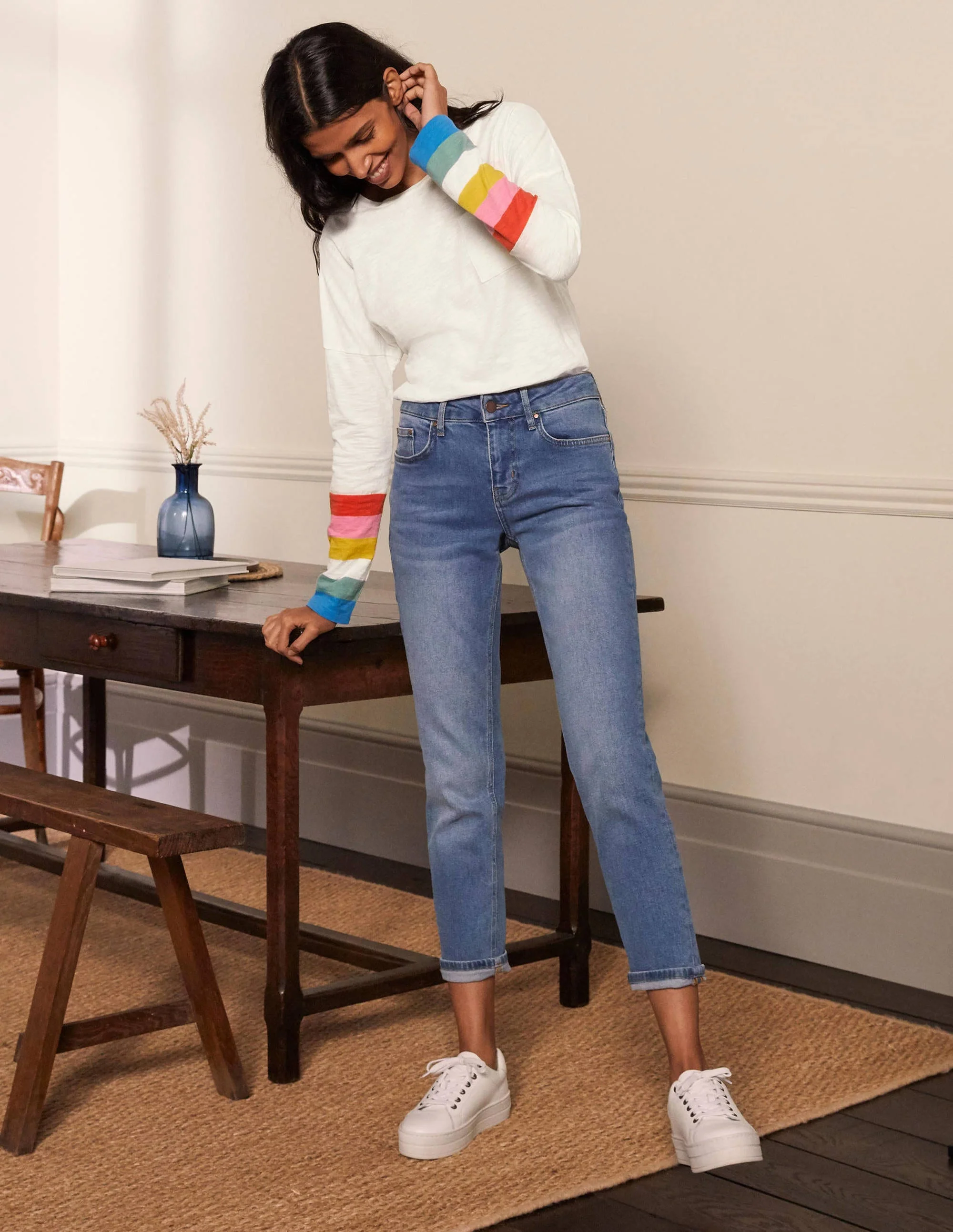 Boxy Jersey Tee-Bright Petal Rainbow Cuff - Image 3