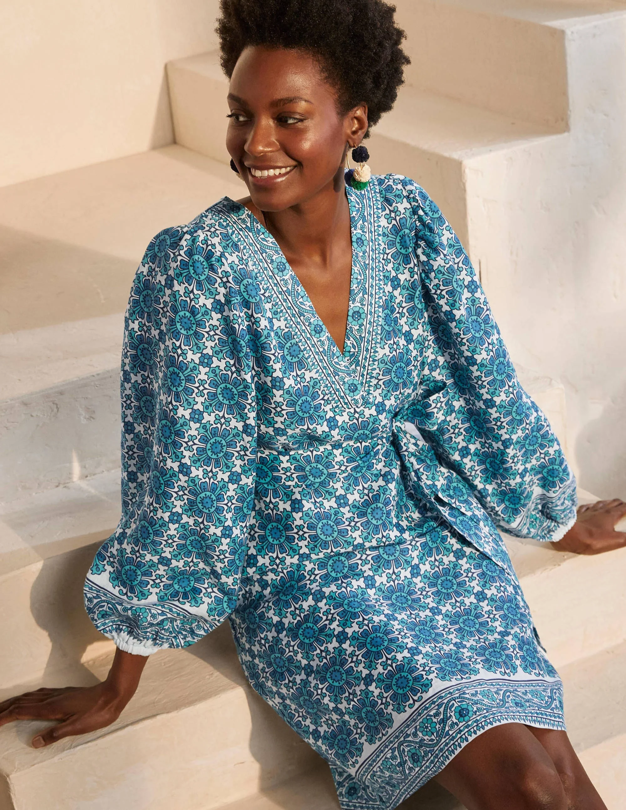 Bridget Belted Linen Dress-Indian Ocean, Flora Tile - Image 3