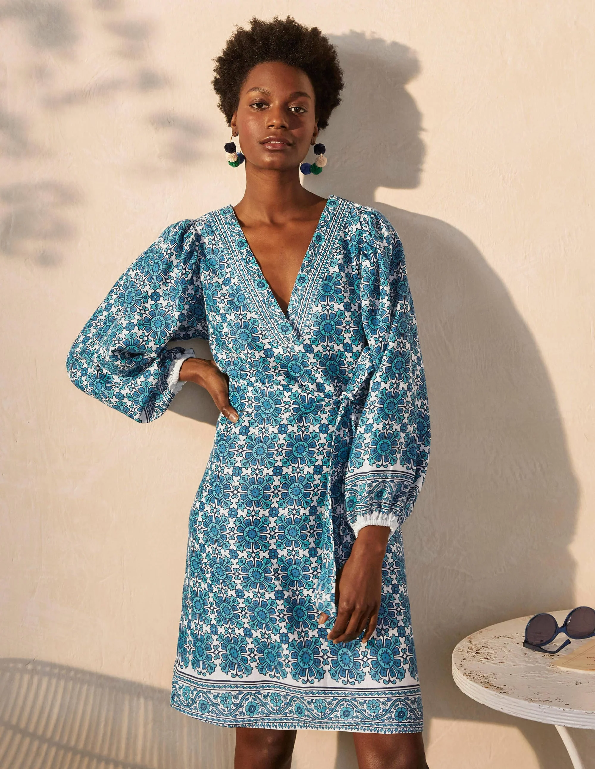 Bridget Belted Linen Dress-Indian Ocean, Flora Tile - Image 4