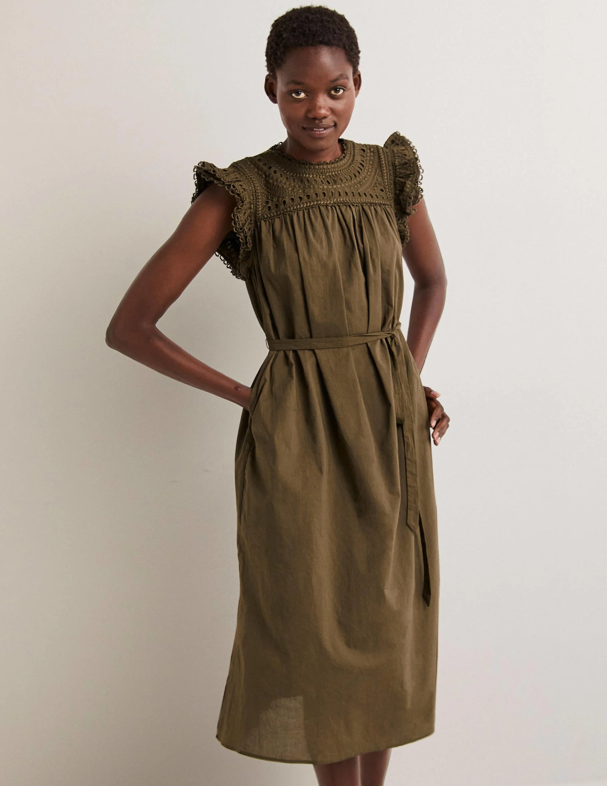 Broderie Detail Midi Dress-Basil