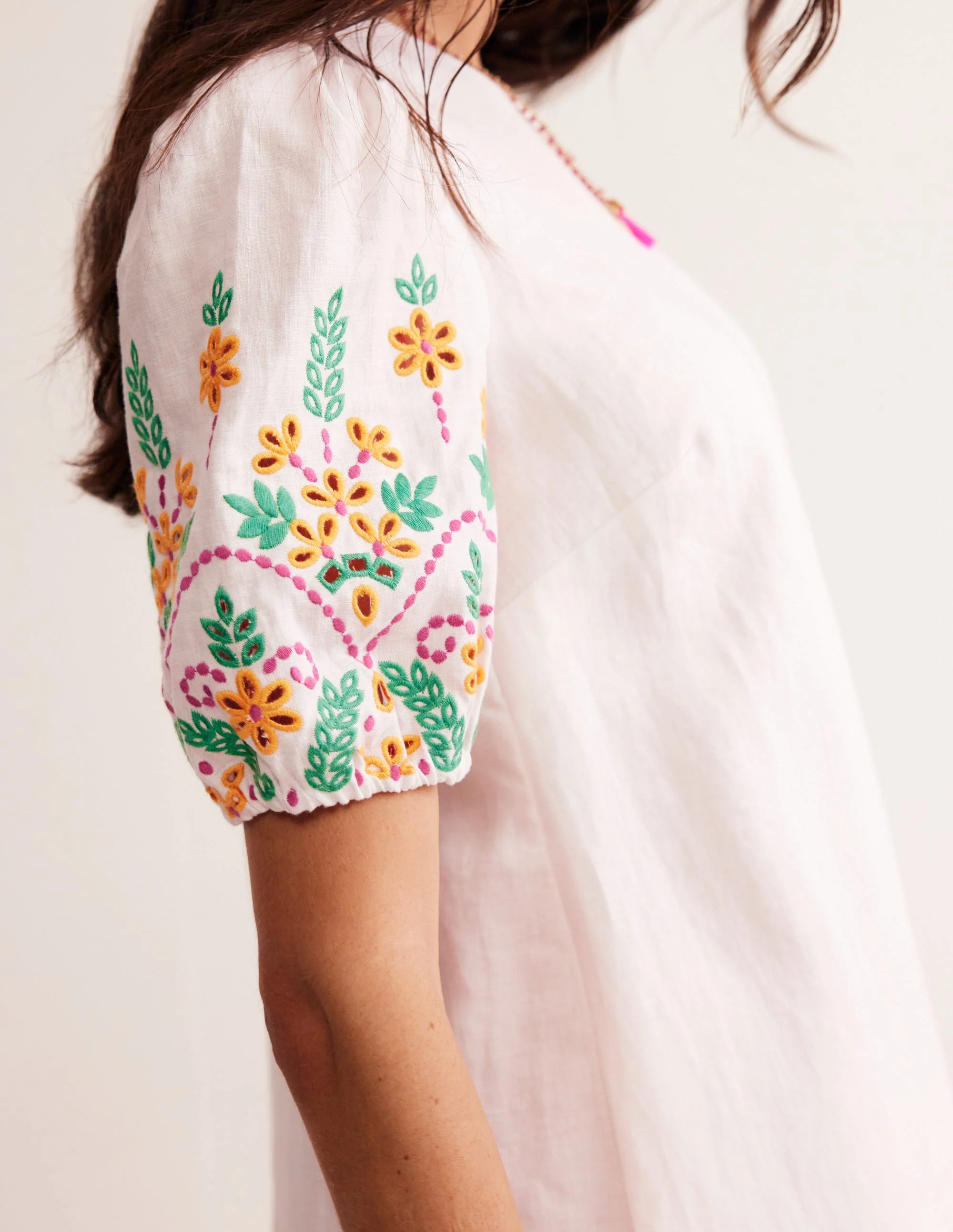 Broderie Linen Shift Dress-White - Image 2