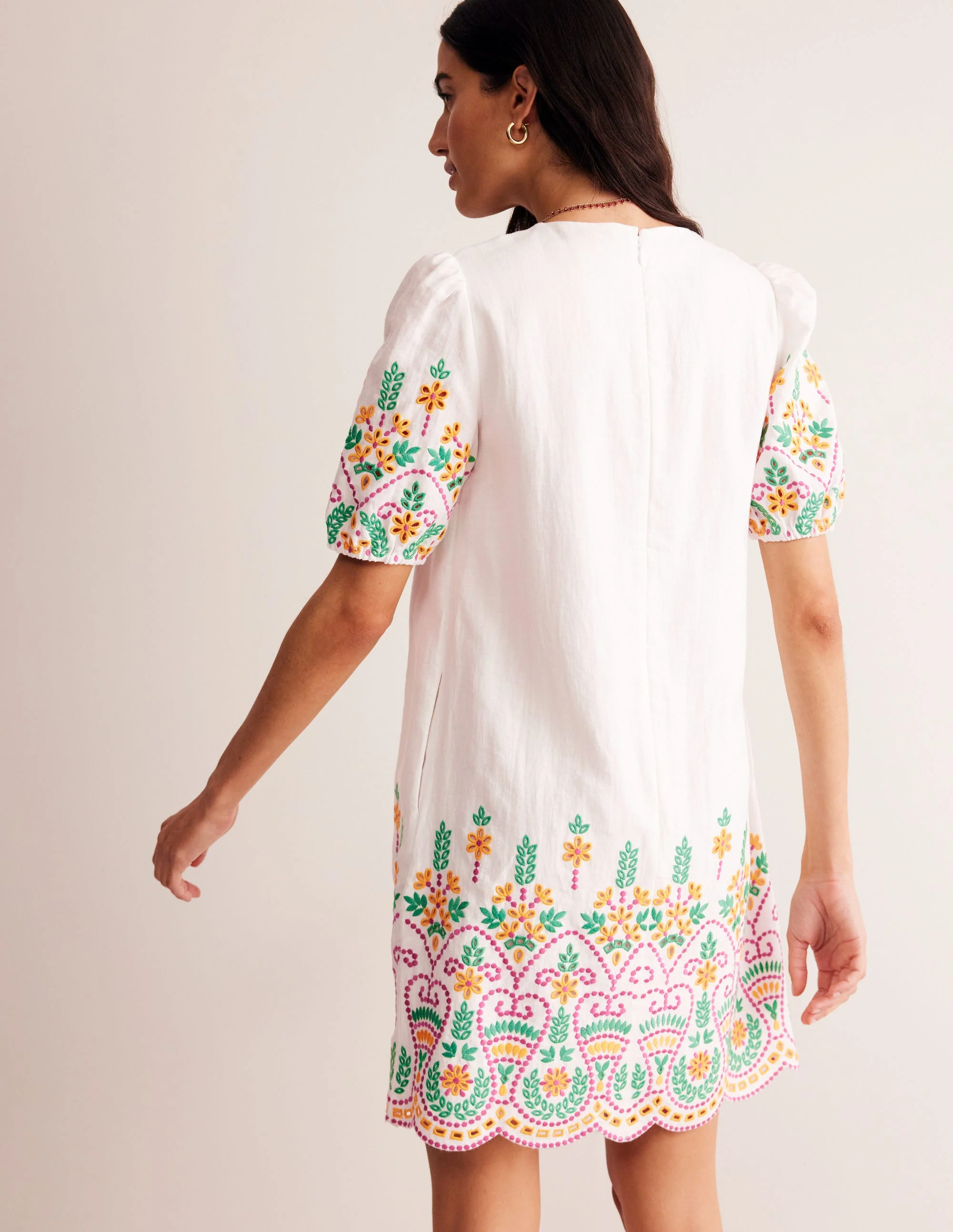 Broderie Linen Shift Dress-White - Image 3