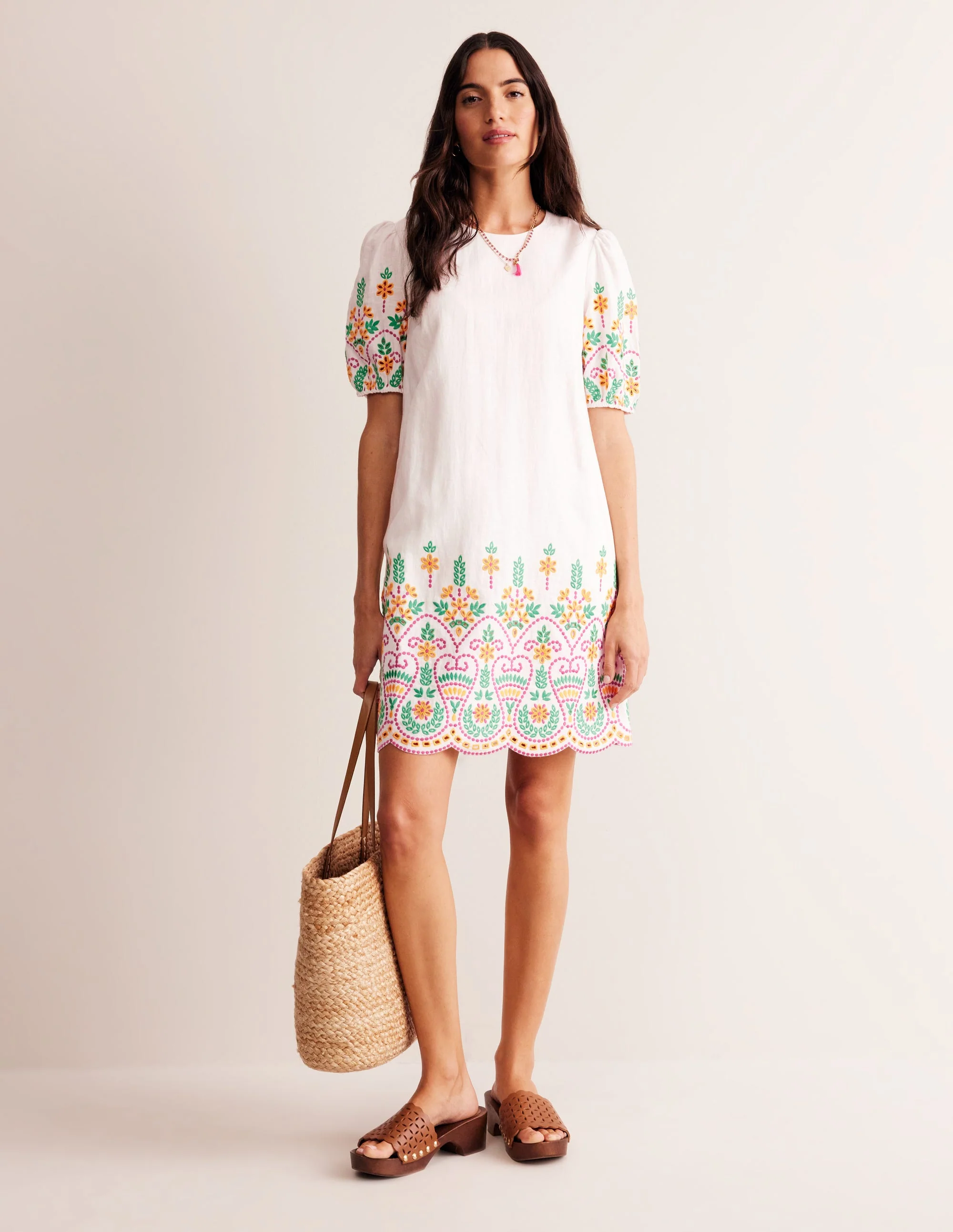 Broderie Linen Shift Dress-White - Image 4