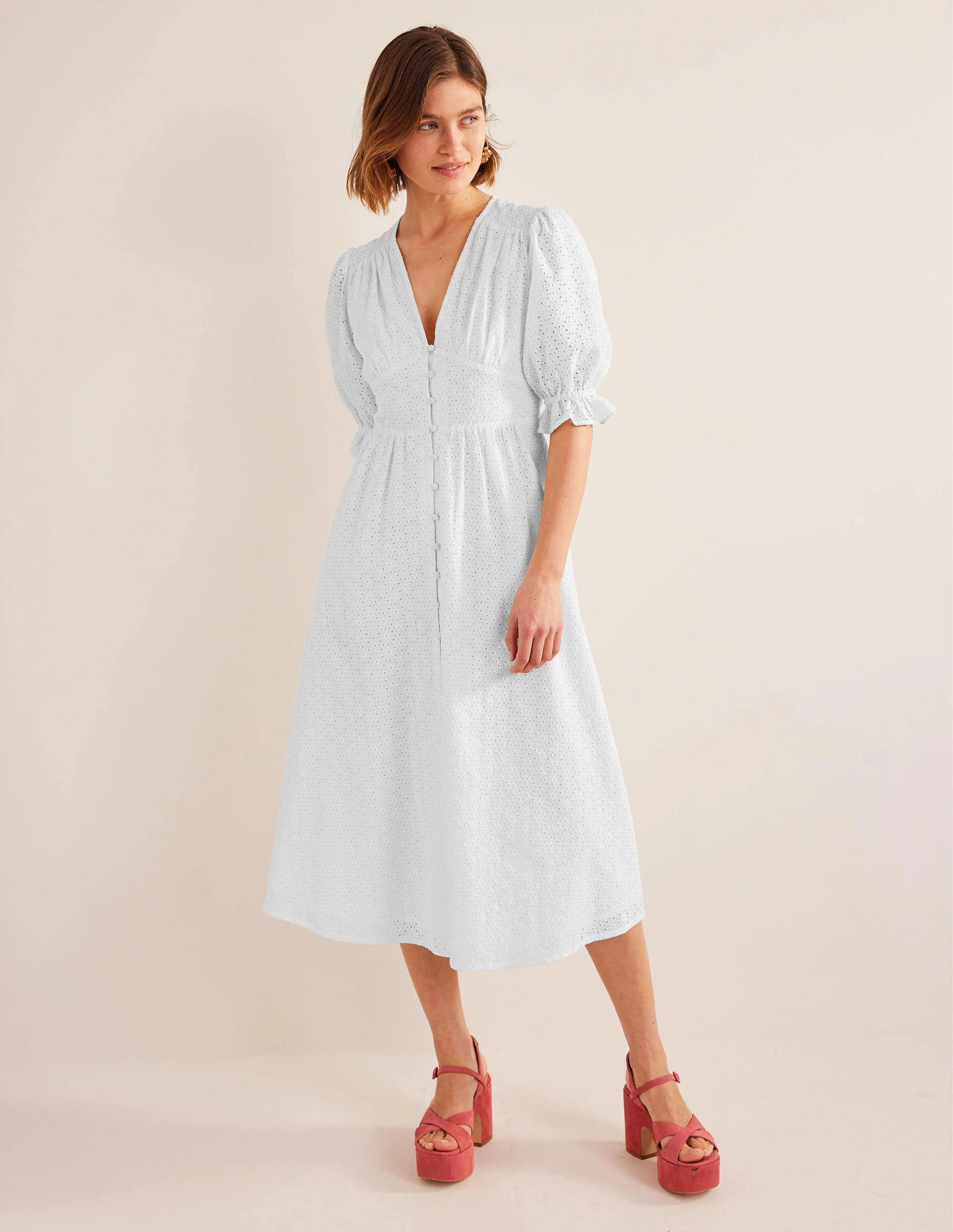 Broderie Midi Tea Dress-White - Image 2