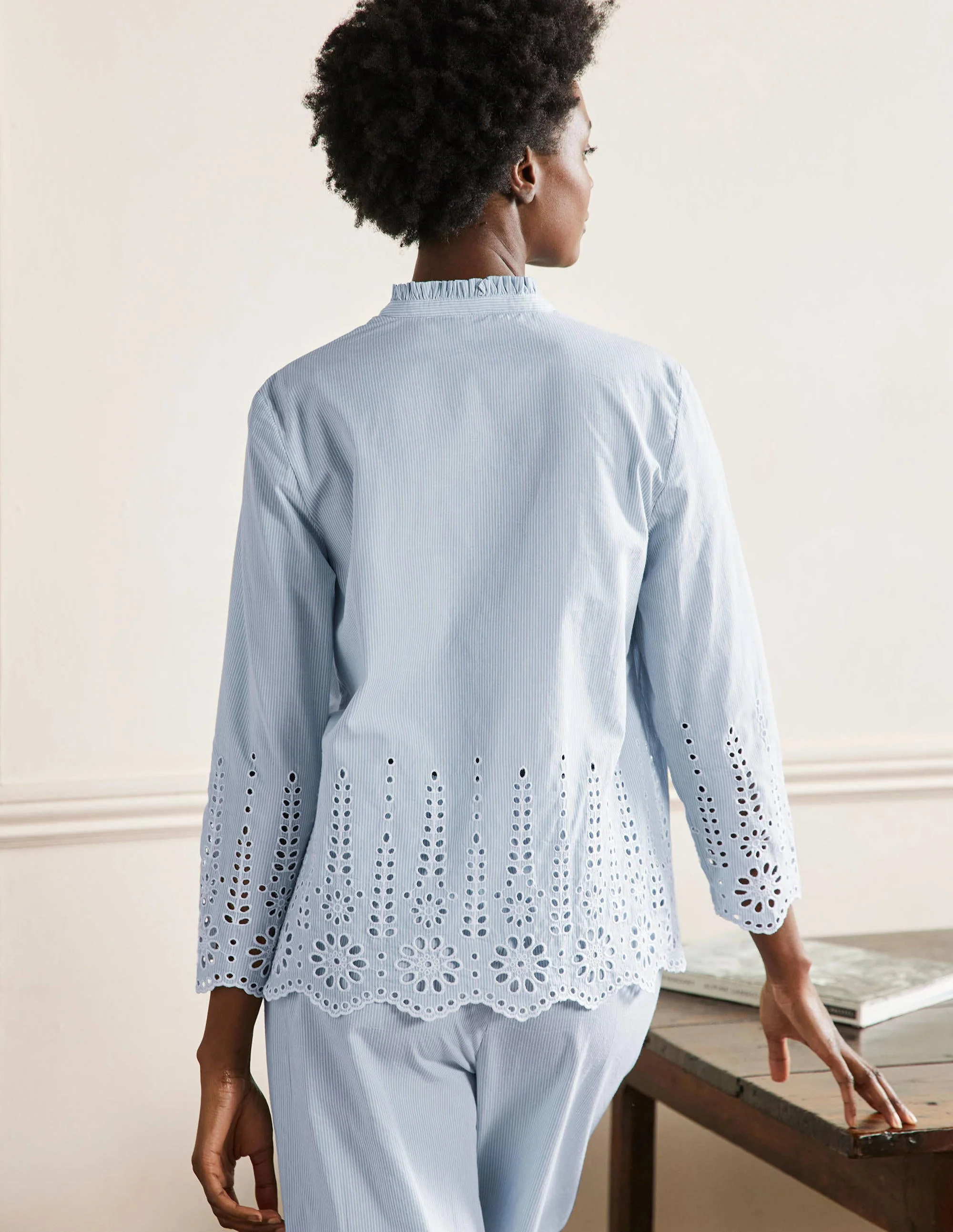 Broderie Pajama Set-Blue Ticking Stripe - Image 3