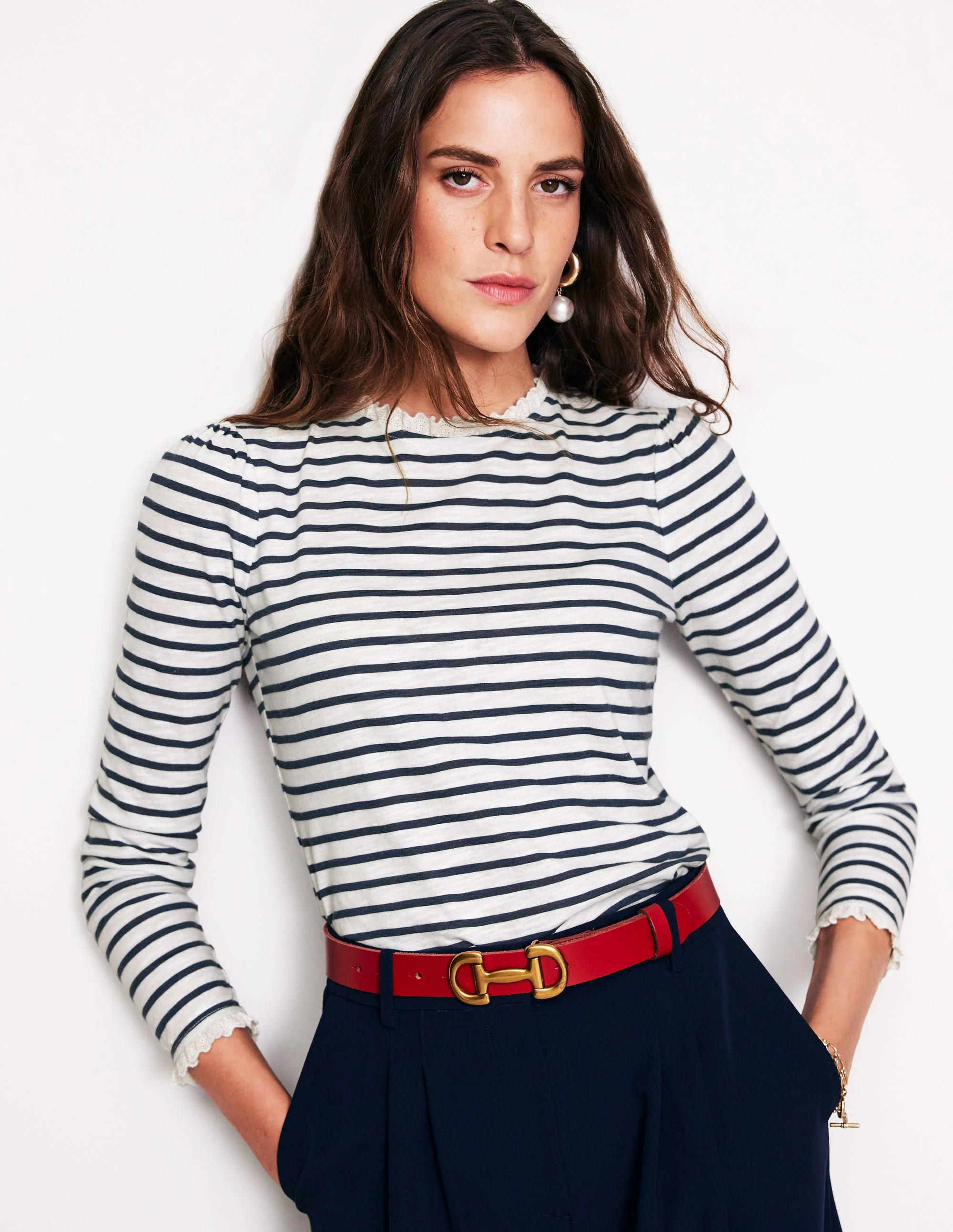 Broderie Trim Stripe Top-Ivory, Navy Stripe