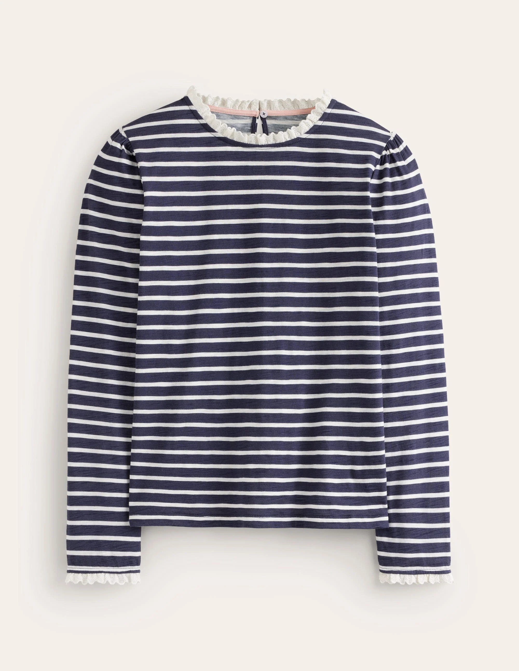 Broderie Trim Stripe Top-Navy, Ivory Stripe - Image 5