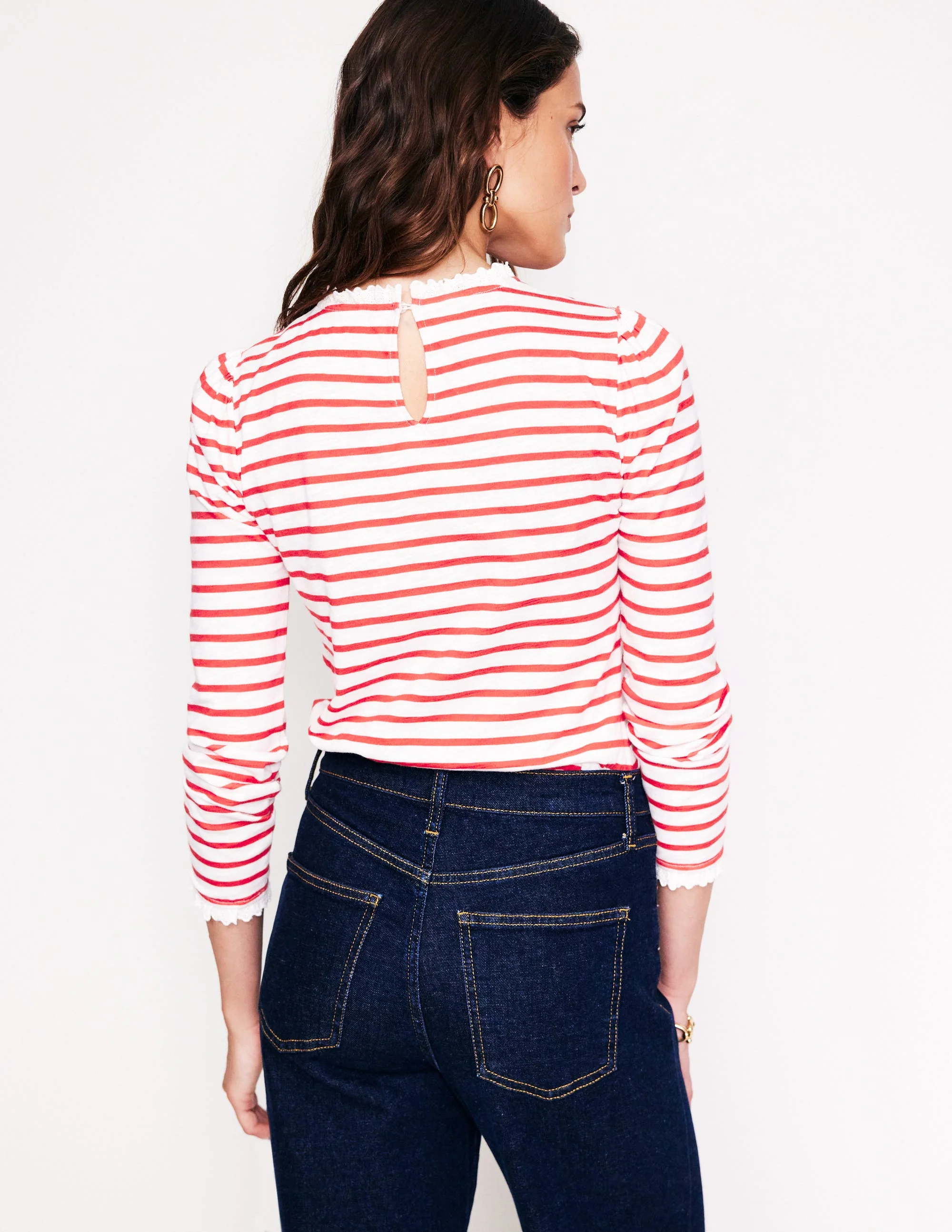 Broderie Trim Stripe Top-Red, Ivory Stripe - Image 3
