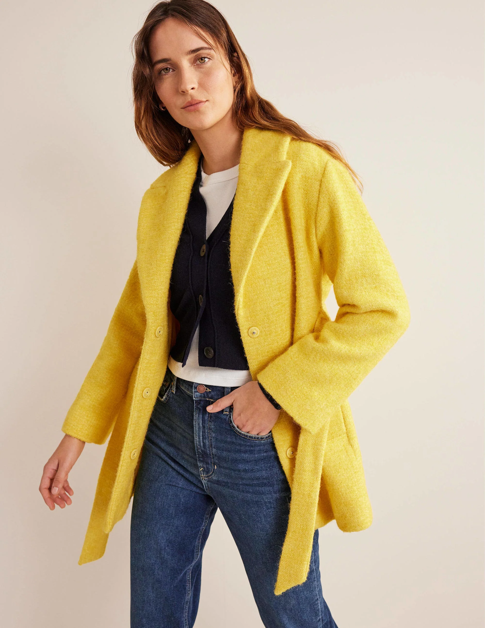 Brushed Wool Blend Belted Coat-Yellow - Image 5
