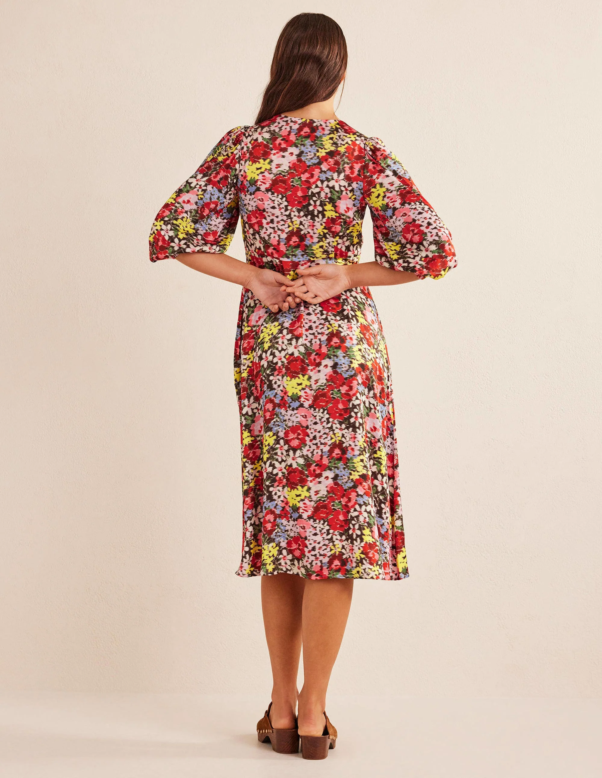 Button Detail Satin Tea Dress-Multi, Moire Bloom - Image 3
