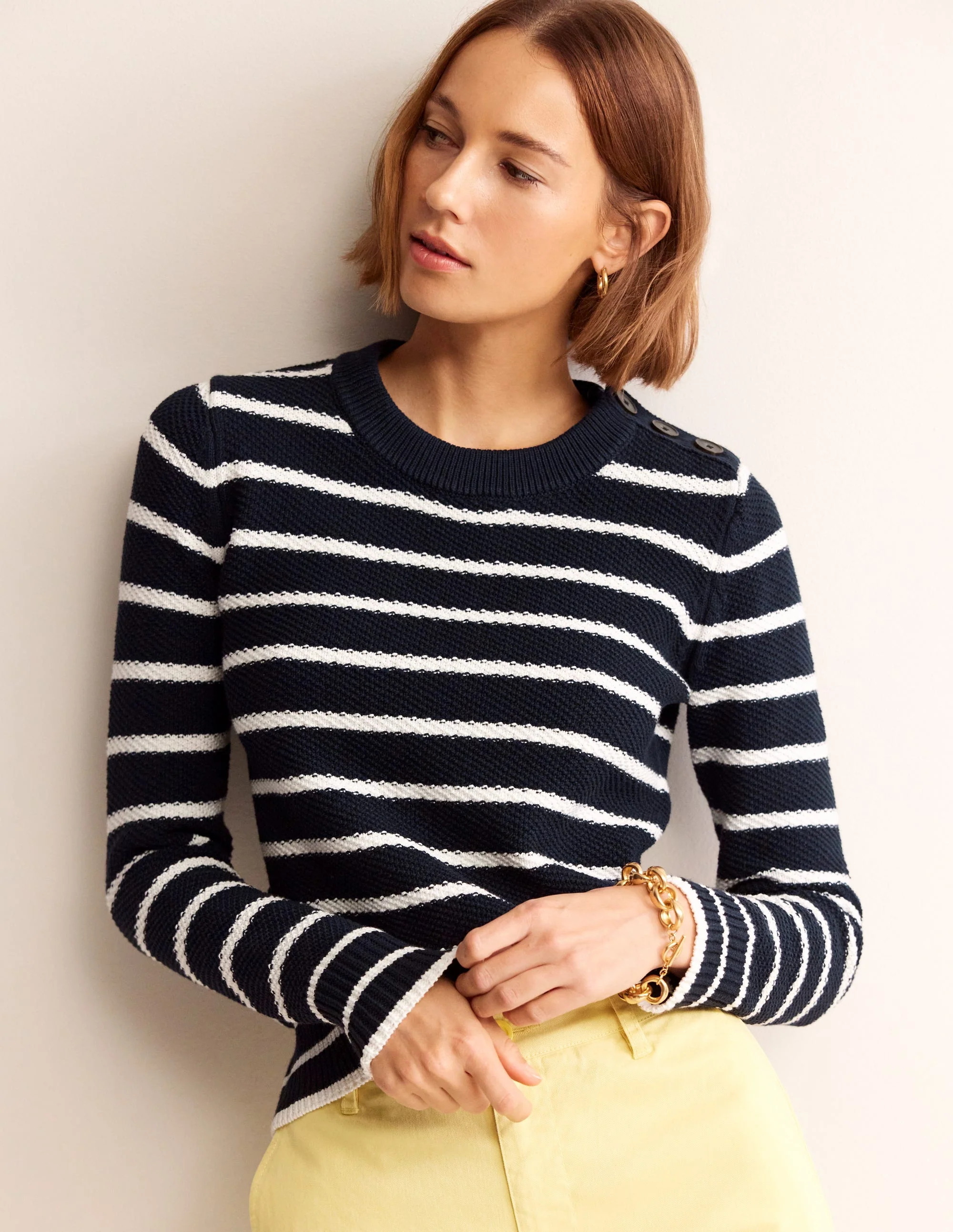Button Detail Stitch Sweater-Navy, Warm Ivory