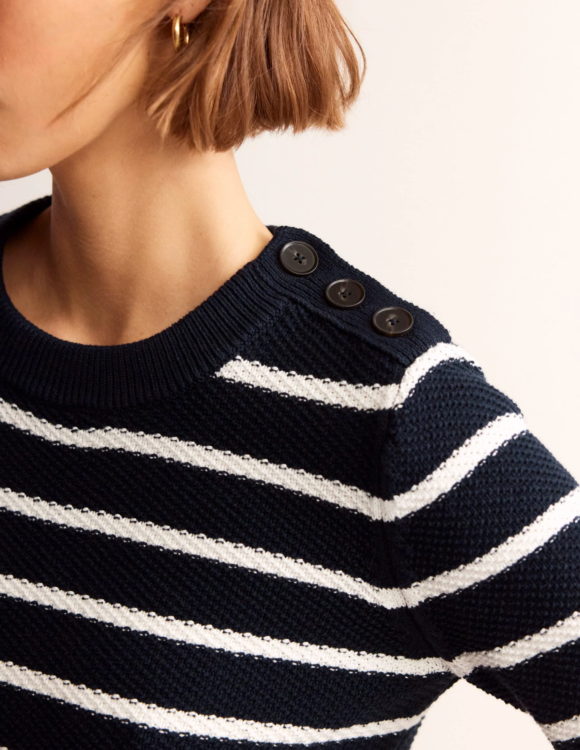 Button Detail Stitch Sweater-Navy, Warm Ivory - Image 2