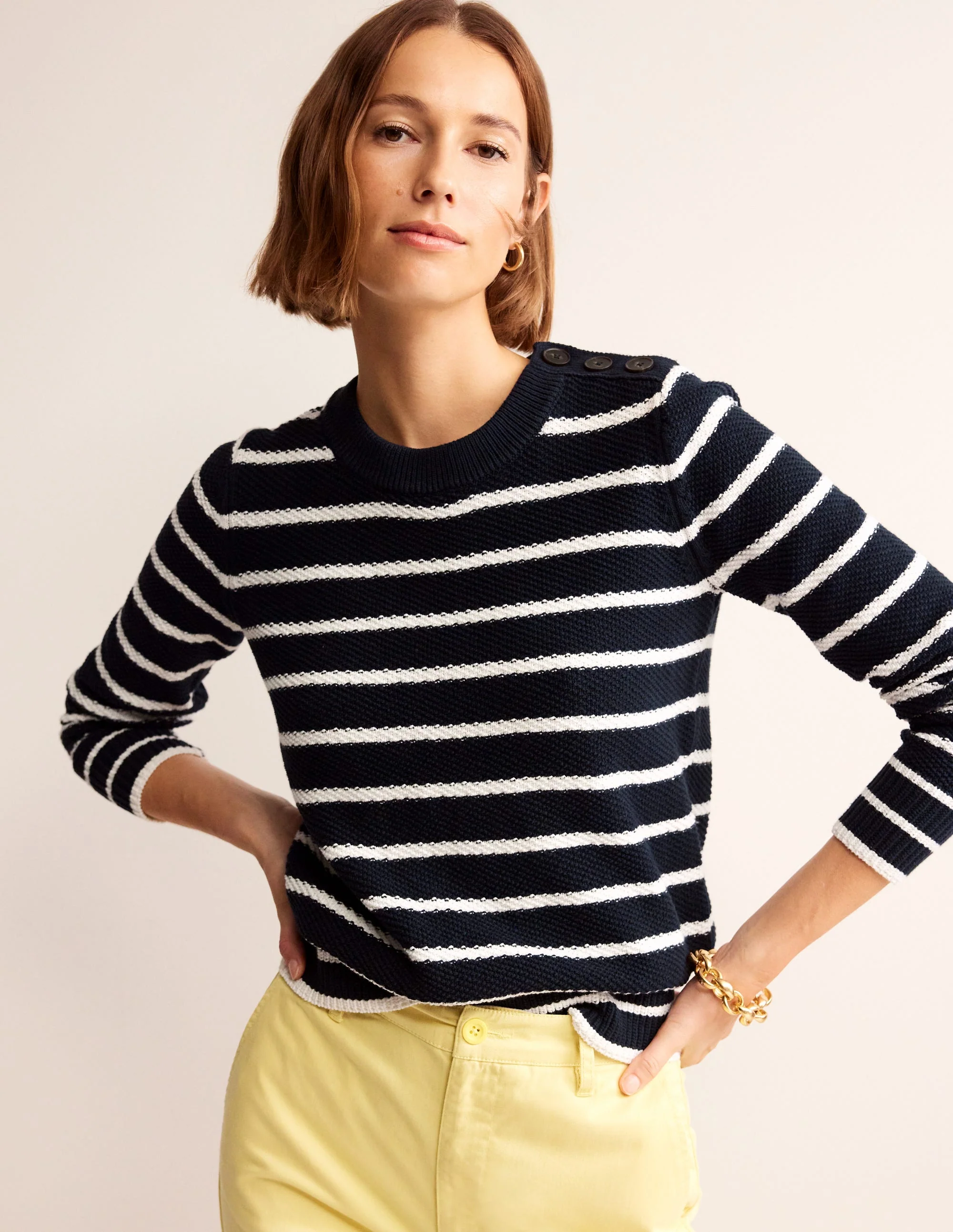 Button Detail Stitch Sweater-Navy, Warm Ivory - Image 4