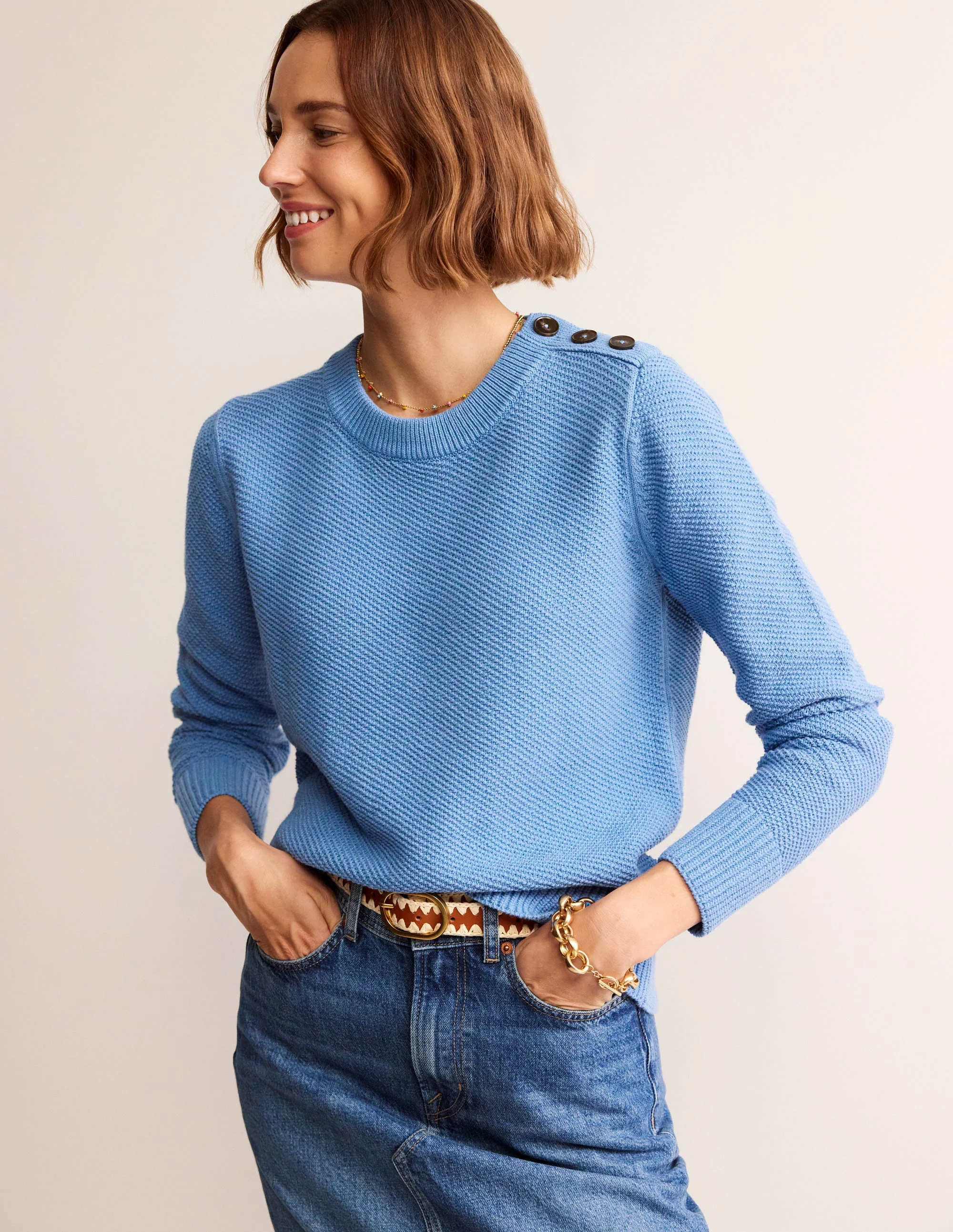Button Detail Stitch Sweater-Porcelain Blue