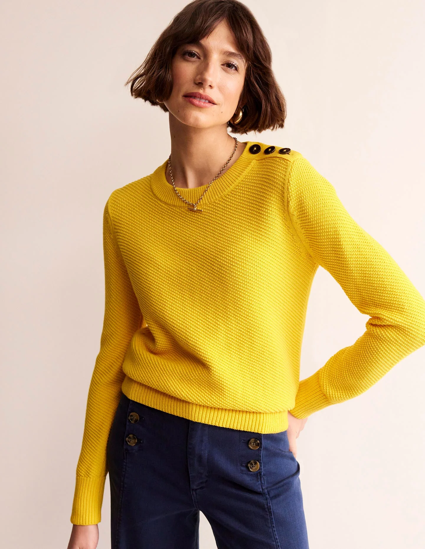 Button Detail Stitch Sweater-Super Lemon Yellow - Image 2